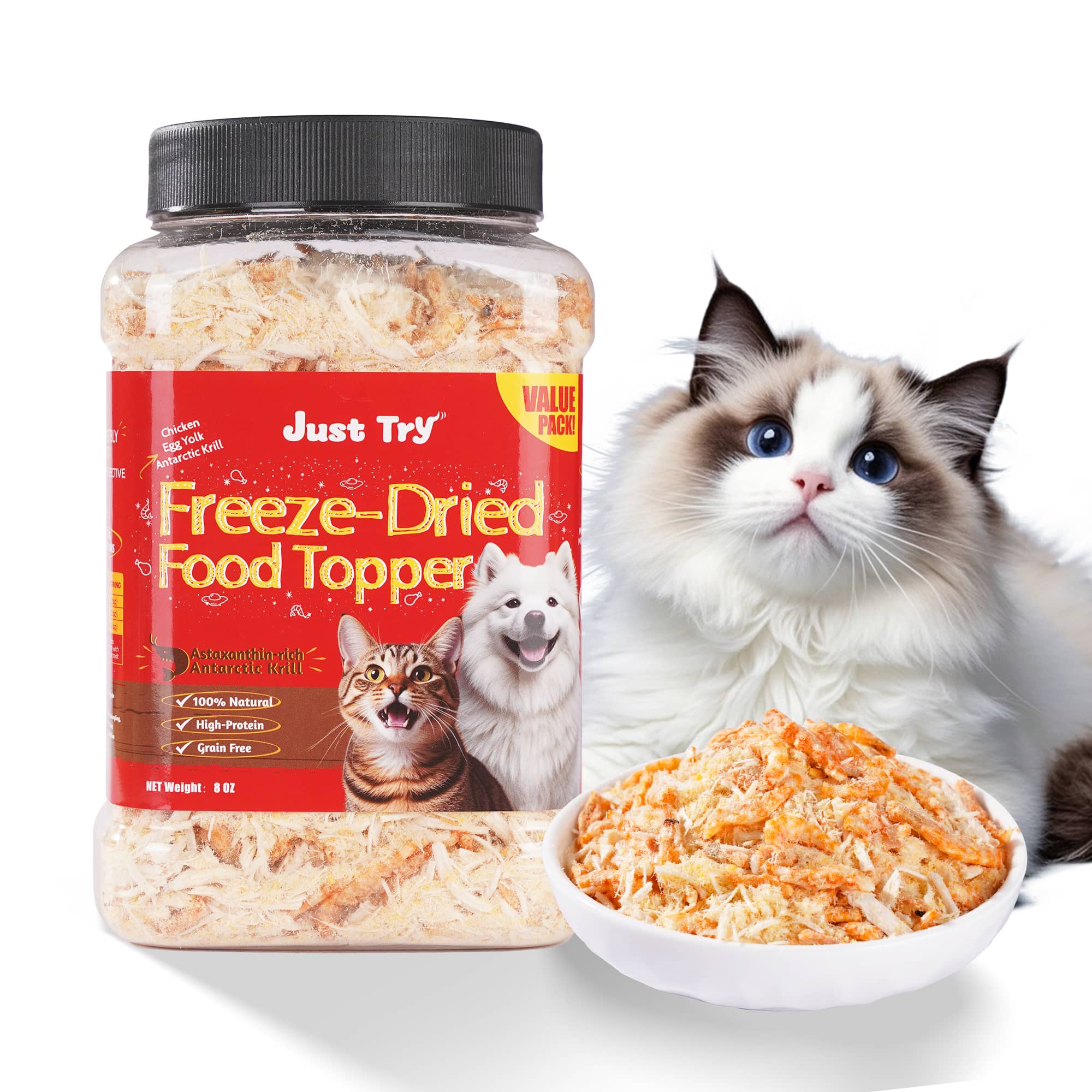 JUSTTRY Antarctic Krill Freeze-Dried Food Topper – Chicken, Egg Yolk, Antarctic Krill, High Protein & Low Fat Cat Treats for Dogs & Cats, 8oz-CritterCorner