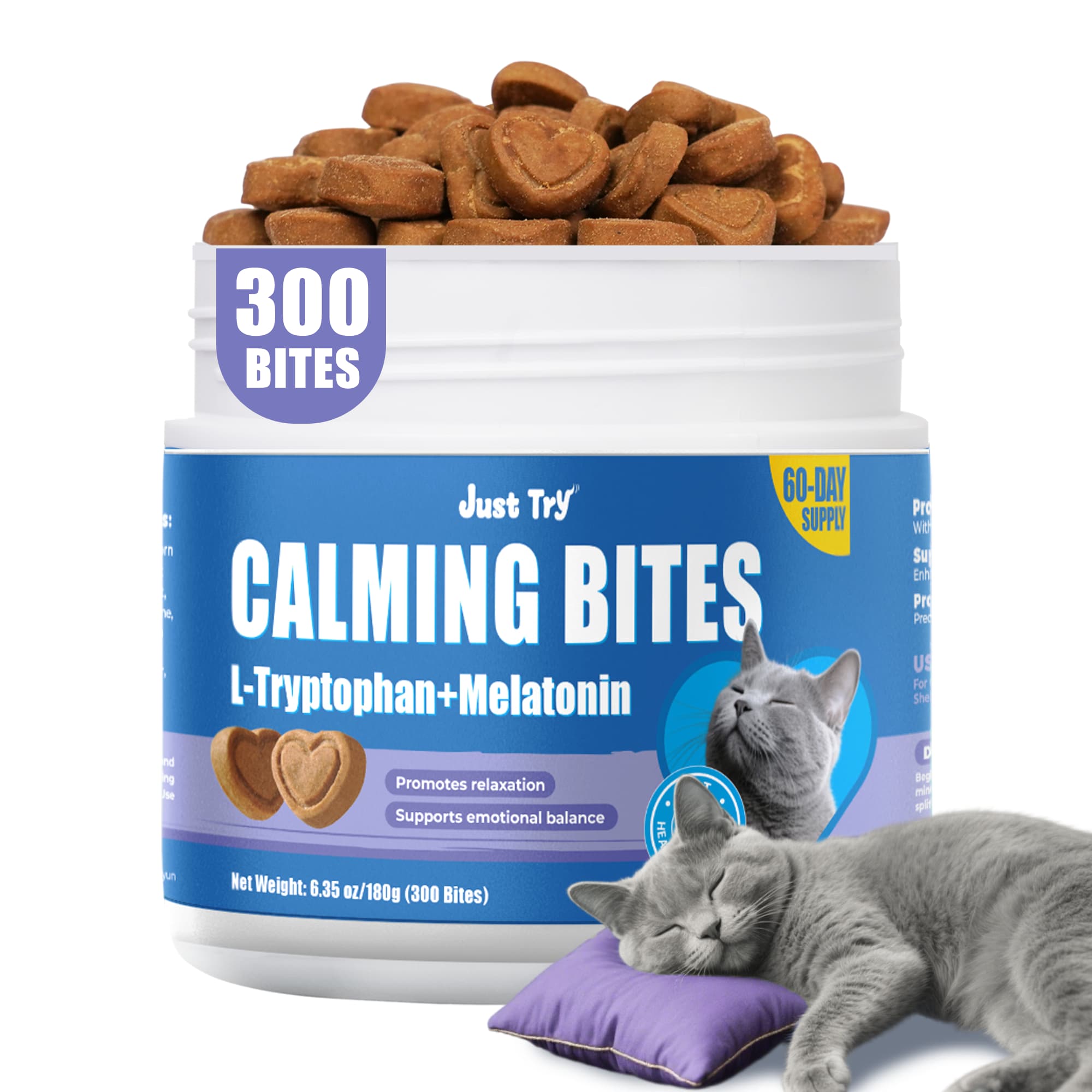 JUSTTRY Cat Calming Treats Cat Supplements – Chicken Flavor with Chamomile, L-Tryptophan & Melatonin for Anxiety & Sleep, 300 Bites, 6.35oz-CritterCorner