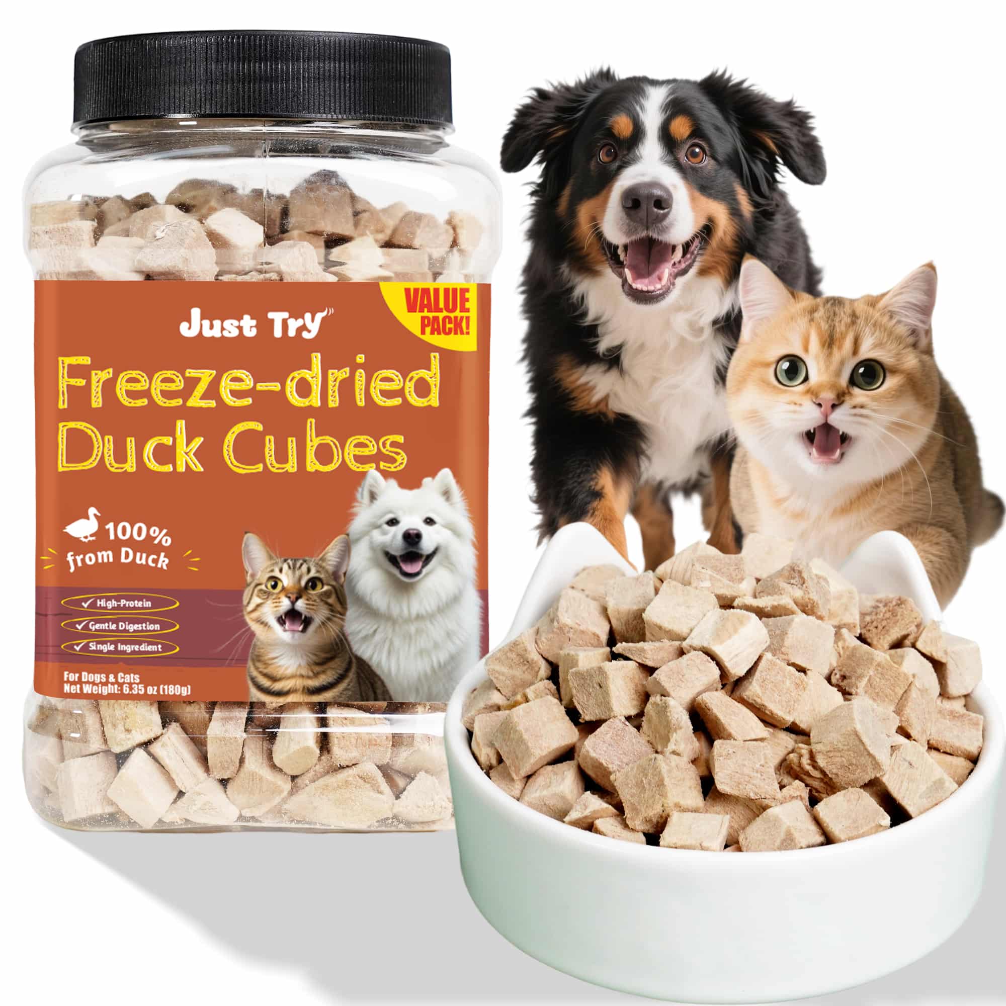 JUSTTRY Freeze-Dried Duck Cubes – Single-Ingredient Grain-Free High-Protein Training Treats for Dogs & Cats, Supports Skin & Joint Health，6.35oz-CritterCorner