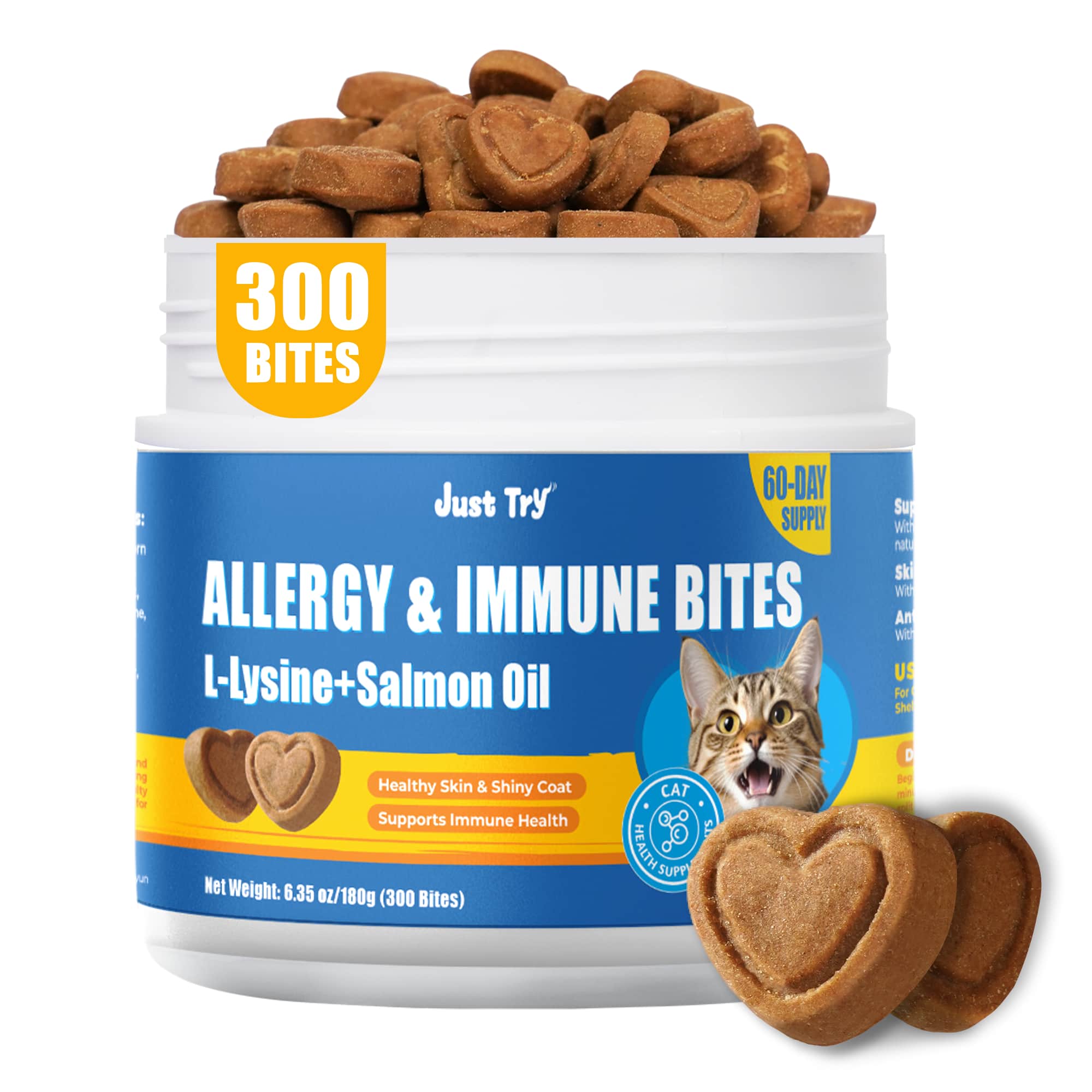 JUSTTRY Cat Allergy & Immune Bites Cat Supplements – Chicken Flavor with L-Lysine For Cats for Itchy Skin Relief & Immune Support, 6.35oz, 300 Bites-CritterCorner