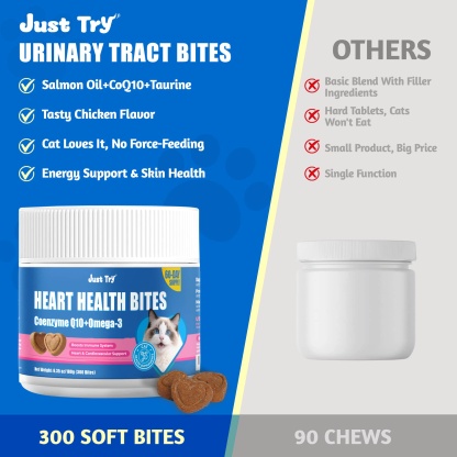 JUSTTRY CoQ10 Heart Health Bites – Chicken-Flavored  with CoQ10 & Taurine for Feline Heart Health, Cat Supplements  300 Count-CritterCorner