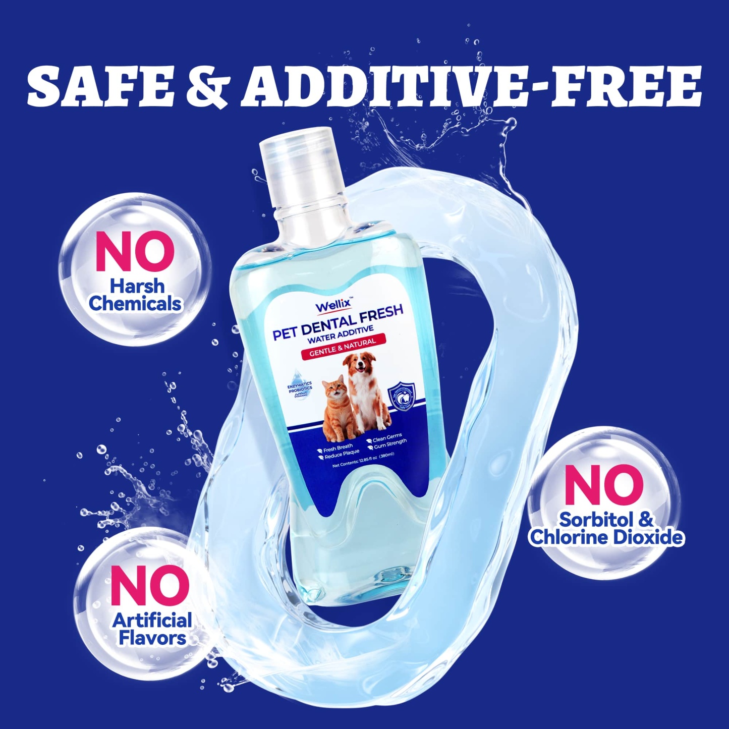 Wellix Cat & Dog Breath Freshener Water Additive - Natural Probiotic & Lysozyme Mouthwash for Teeth Cleaning & Dental Care - Reduces Bad Breath & Plaque - 12.85 fl oz-CritterCorner