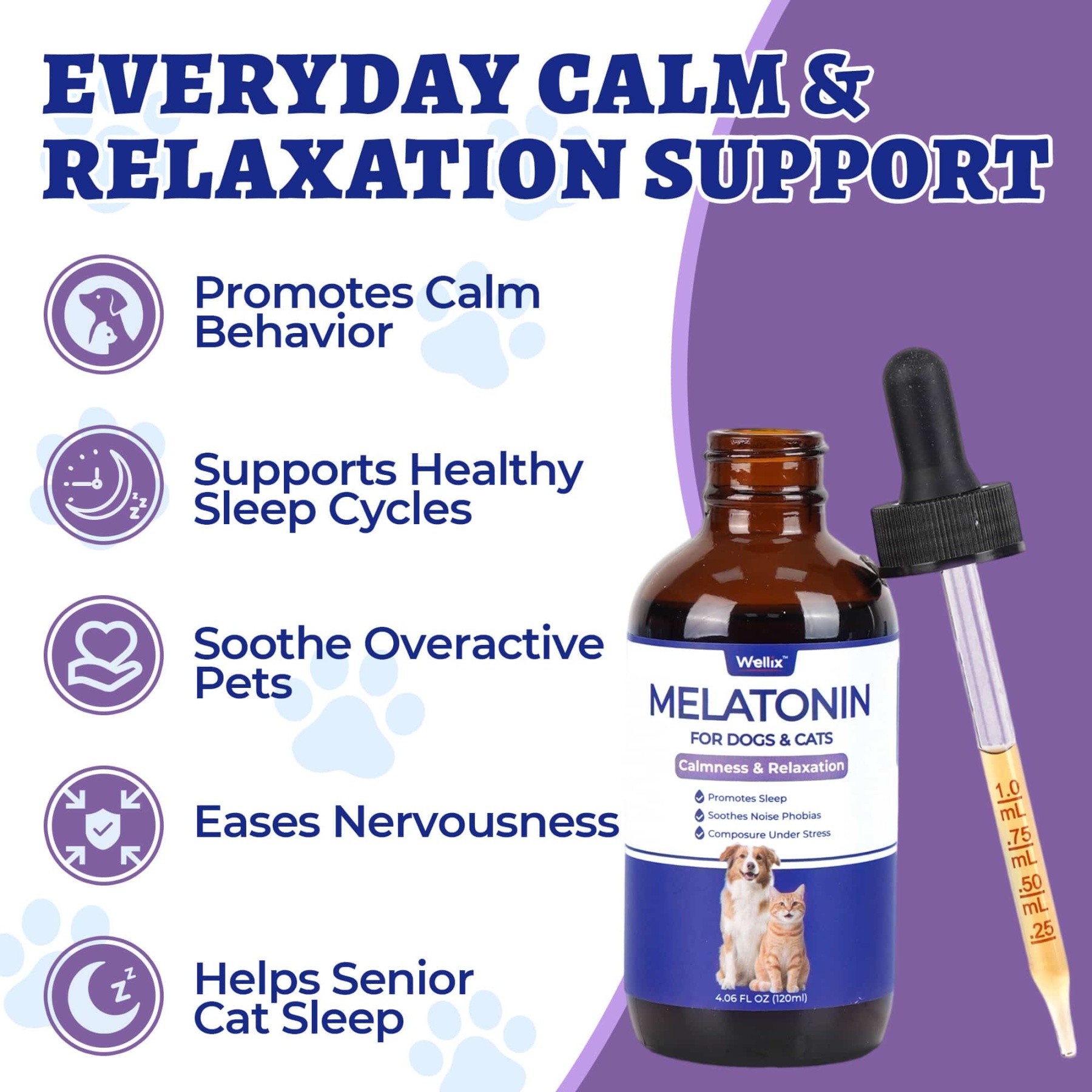 Wellix Bacon-Flavored Liquid Melatonin Drops for Dogs & Cats – 4 oz Calming Aid for Sleep, Stressful Events, Travel & Grooming-CritterCorner