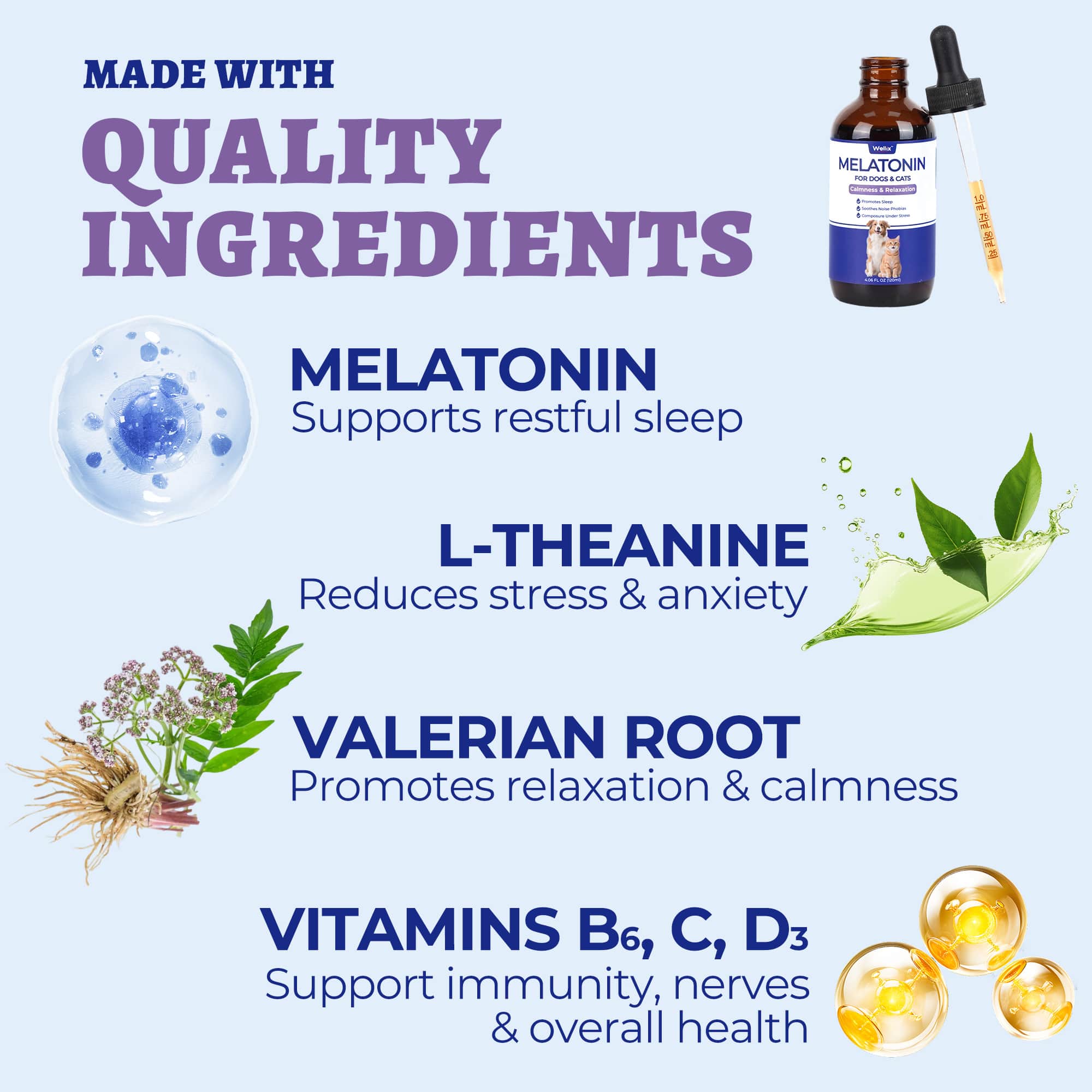 Wellix Bacon-Flavored Liquid Melatonin Drops for Dogs & Cats – 4 oz Calming Aid for Sleep, Stressful Events, Travel & Grooming-CritterCorner