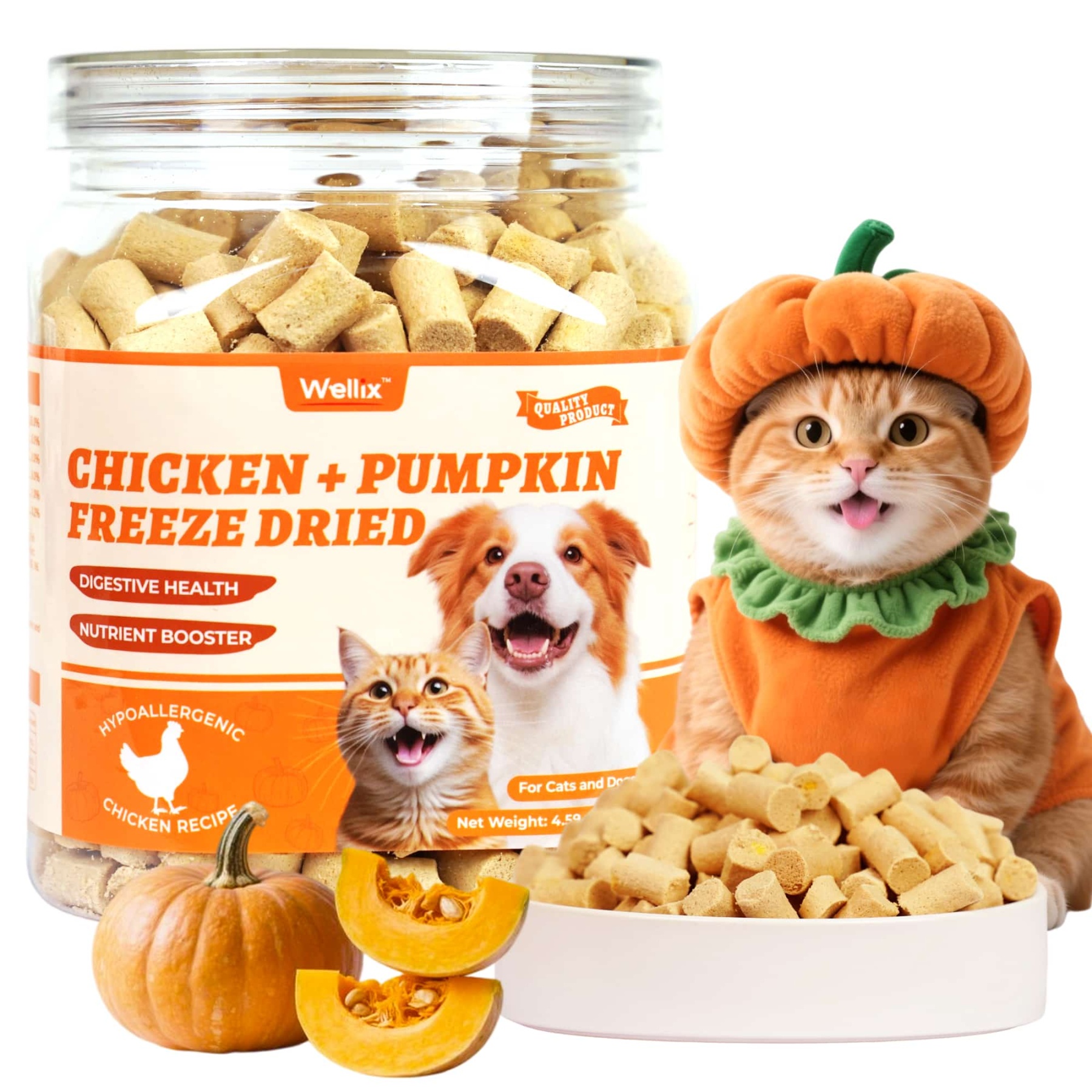 Wellix Chicken & Pumpkin Freeze-Dried Treats for Cats & Dogs – Grain-Free Crunchy Food Topper & Training Snacks, Supports Gut Health & Digestive System-CritterCorner