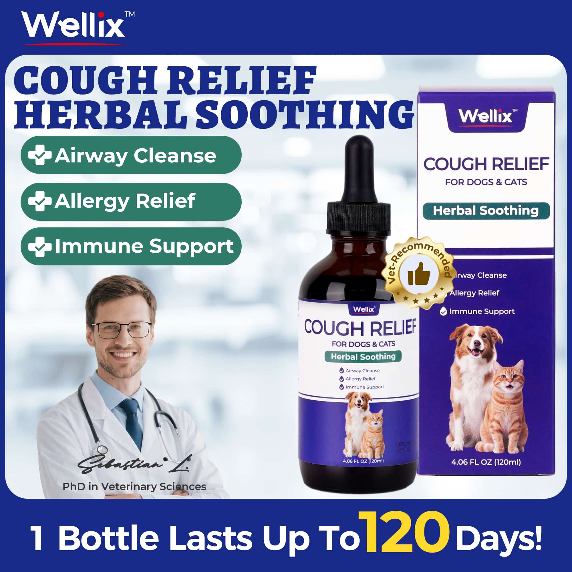 Wellix Kennel Cough Treatment Drops for Dogs & Cats - All Herbal Formula for Dog Cough, Sneezing & Cat Cold Relief - Bacon Flavor 120ml-CritterCorner