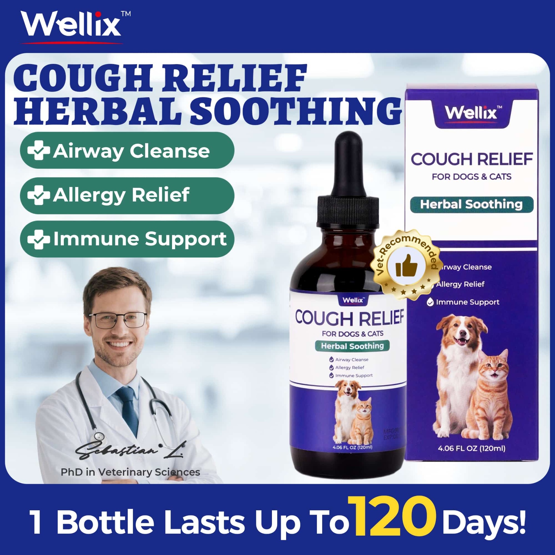 Wellix Kennel Cough Treatment Drops for Dogs & Cats - All Herbal Formula for Dog Cough, Sneezing & Cat Cold Relief - Bacon Flavor 120ml-CritterCorner