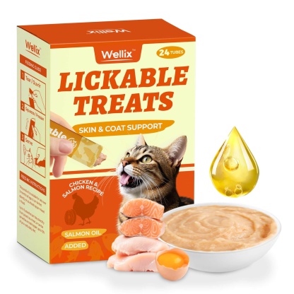 Wellix Lickable Cat Treats - Chicken & Salmon Oil Kitten Snacks for Training & Healthy Skin & Coat - Squeezable Treats - 24 Tubes-CritterCorner