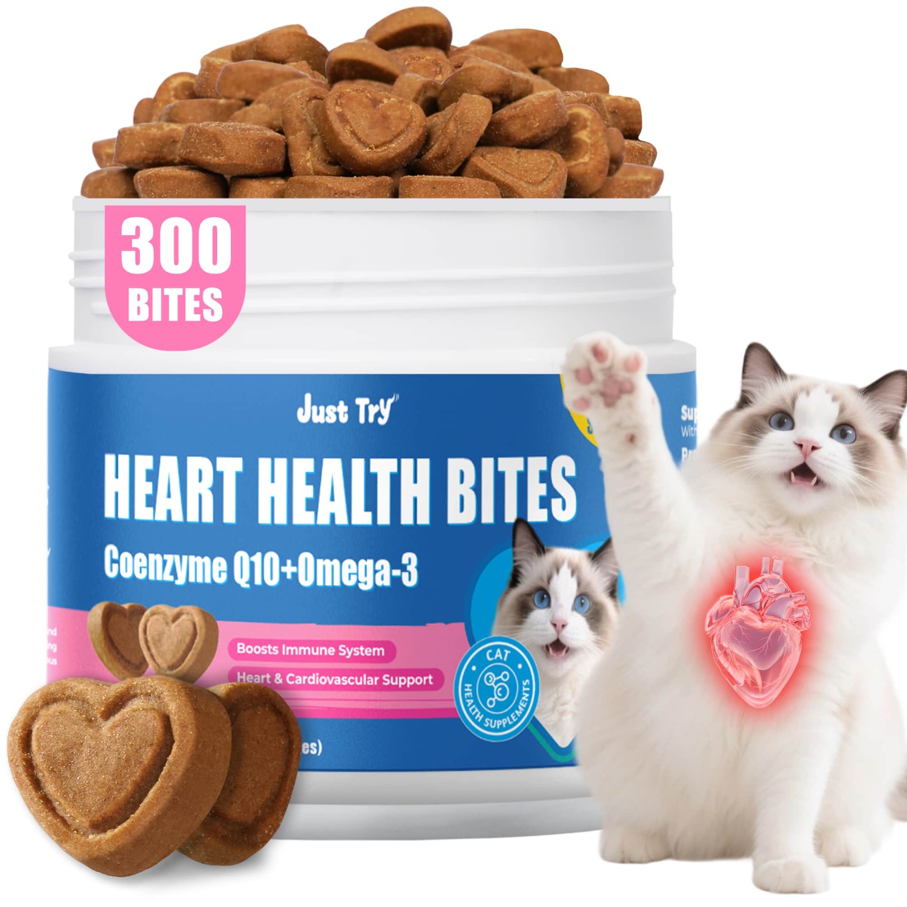 JUSTTRY CoQ10 Heart Health Bites – Chicken-Flavored  with CoQ10 & Taurine for Feline Heart Health, Cat Supplements  300 Count-CritterCorner