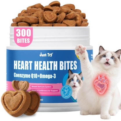 JUSTTRY CoQ10 Heart Health Bites – Chicken-Flavored  with CoQ10 & Taurine for Feline Heart Health, Cat Supplements  300 Count-CritterCorner