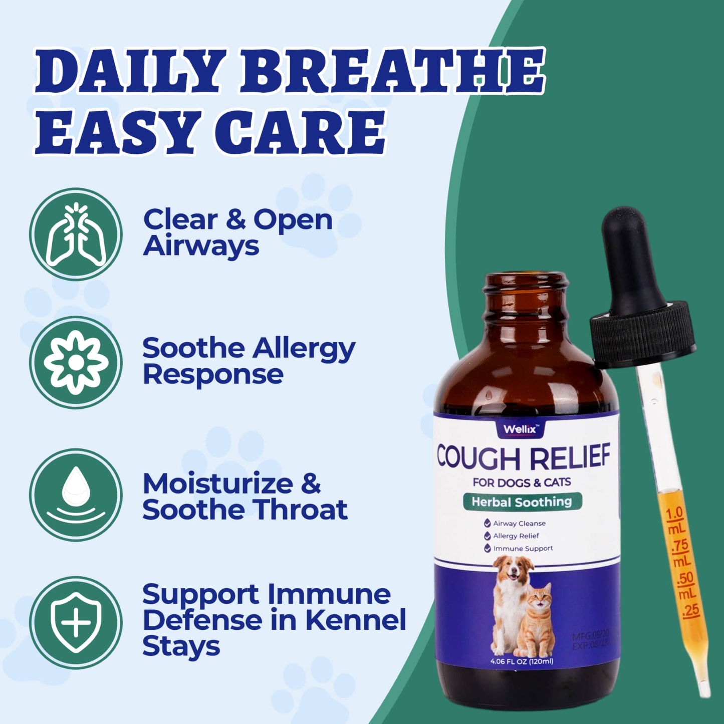 Wellix Kennel Cough Treatment Drops for Dogs & Cats - All Herbal Formula for Dog Cough, Sneezing & Cat Cold Relief - Bacon Flavor 120ml-CritterCorner