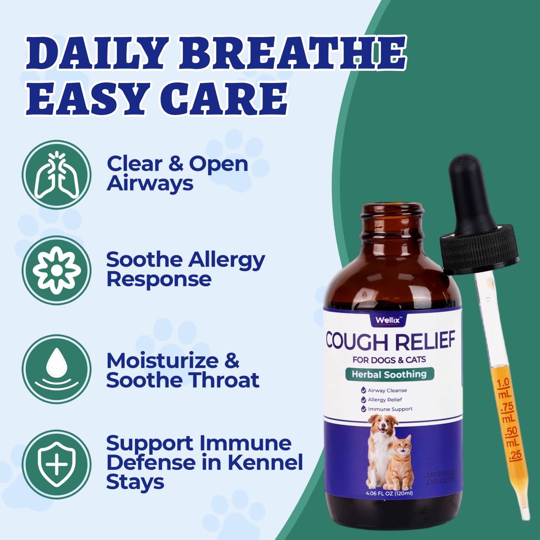 Wellix Kennel Cough Treatment Drops for Dogs & Cats - All Herbal Formula for Dog Cough, Sneezing & Cat Cold Relief - Bacon Flavor 120ml-CritterCorner