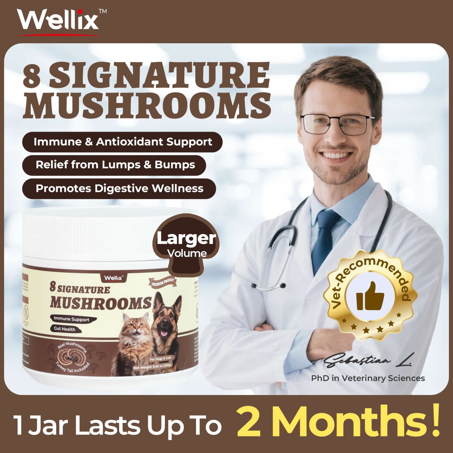 Wellix Mushroom Powder Powder for Dogs & Cats – With 8 Mushroom Blend Including Turkey Tail, Supports Immune, Digestive & Kidney Health-CritterCorner