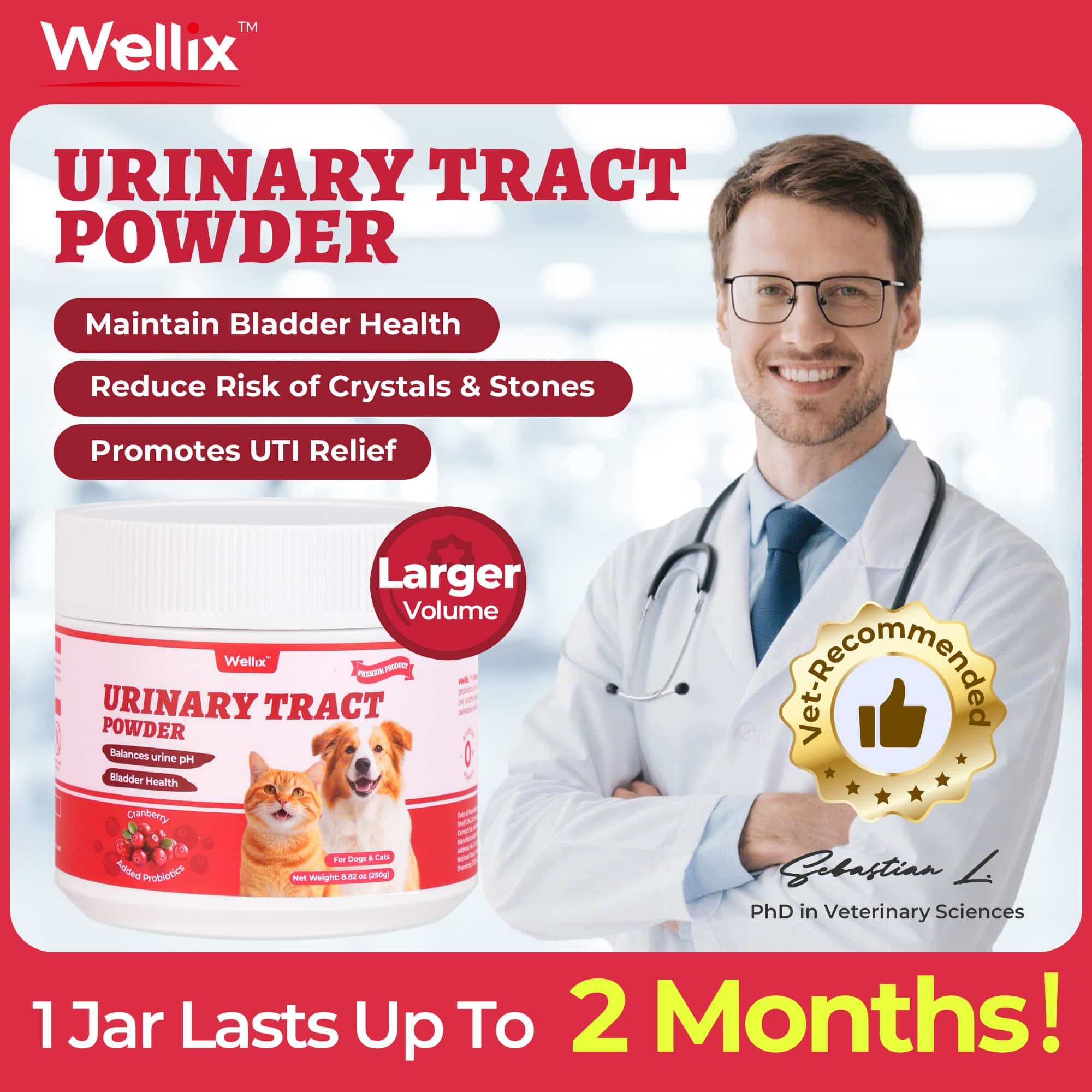 Wellix Urinary Powder for Dogs & Cats – 8.8 oz with D-Mannose & Cranberry Powder for UTI, Bladder & Kidney Support-CritterCorner