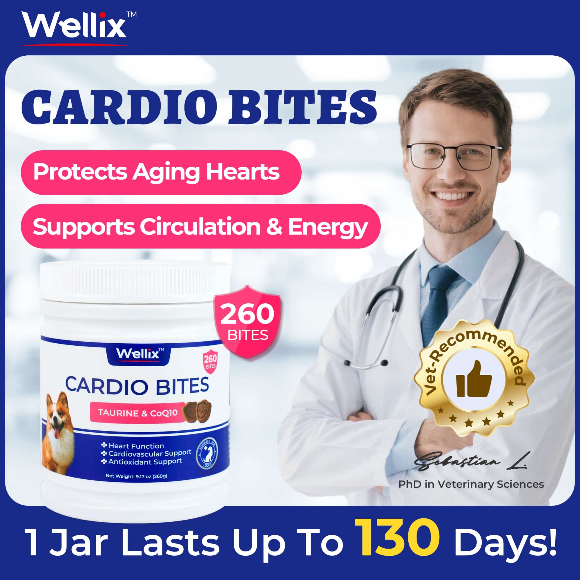 Wellix Cardio Bites for Dogs – 260 Counts with CoQ10, Taurine, Fish Oil & L-Carnitine, Supports Cardiovascular Health & Antioxidant-CritterCorner