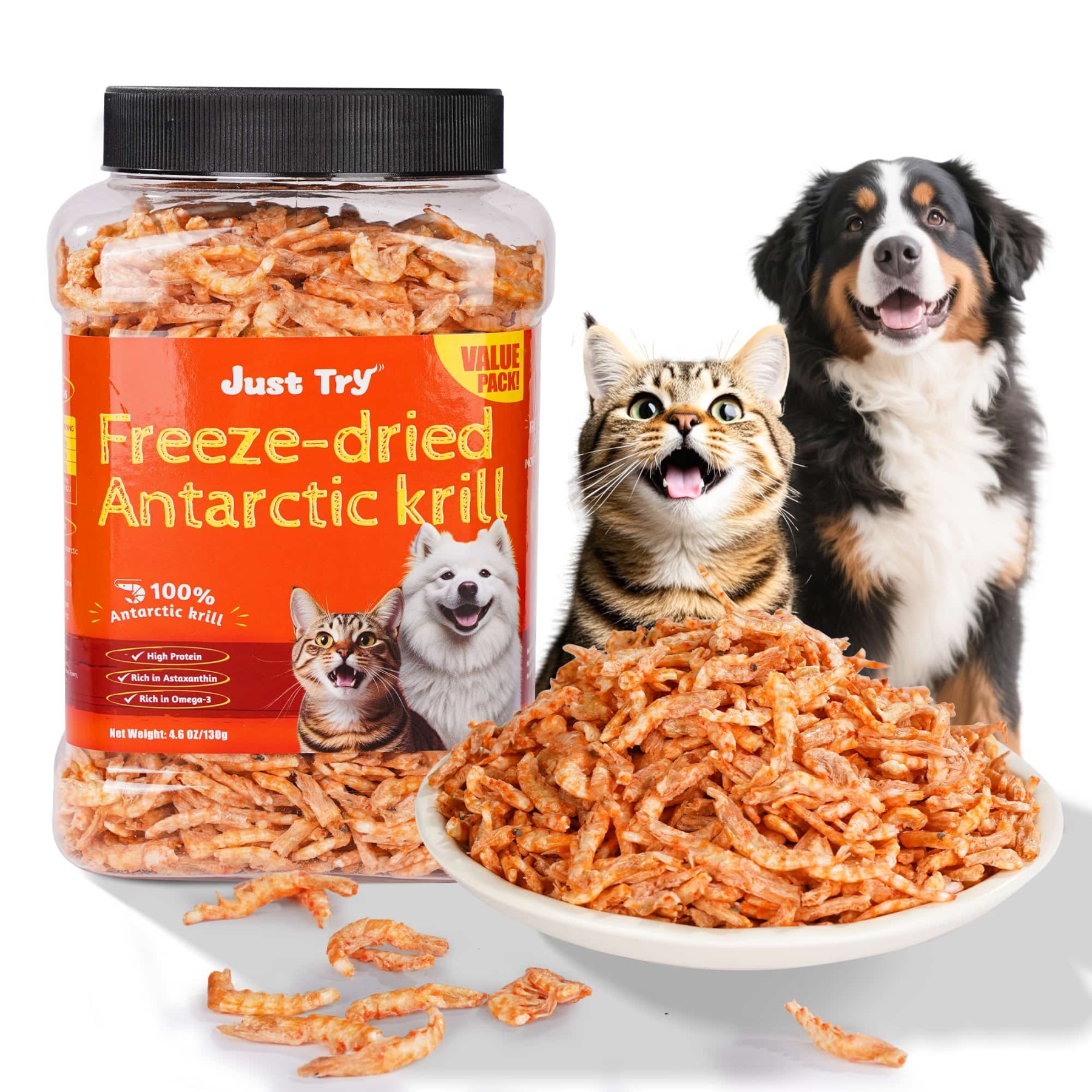 JUSTTRY Freeze-Dried Antarctic krill – Grain-Free High-Protein Dog & Cat Treats with Omega-3 for Skin & Coat, 4.6oz-CritterCorner