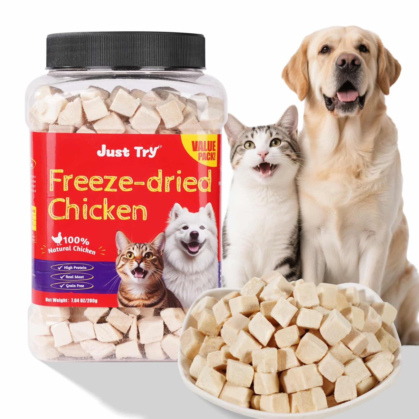 JUSTTRY Freeze-Dried Chicken Treats – High-Protein, Grain-Free Dog & Cat Treats for Training & Raw Food, 7.05oz-CritterCorner