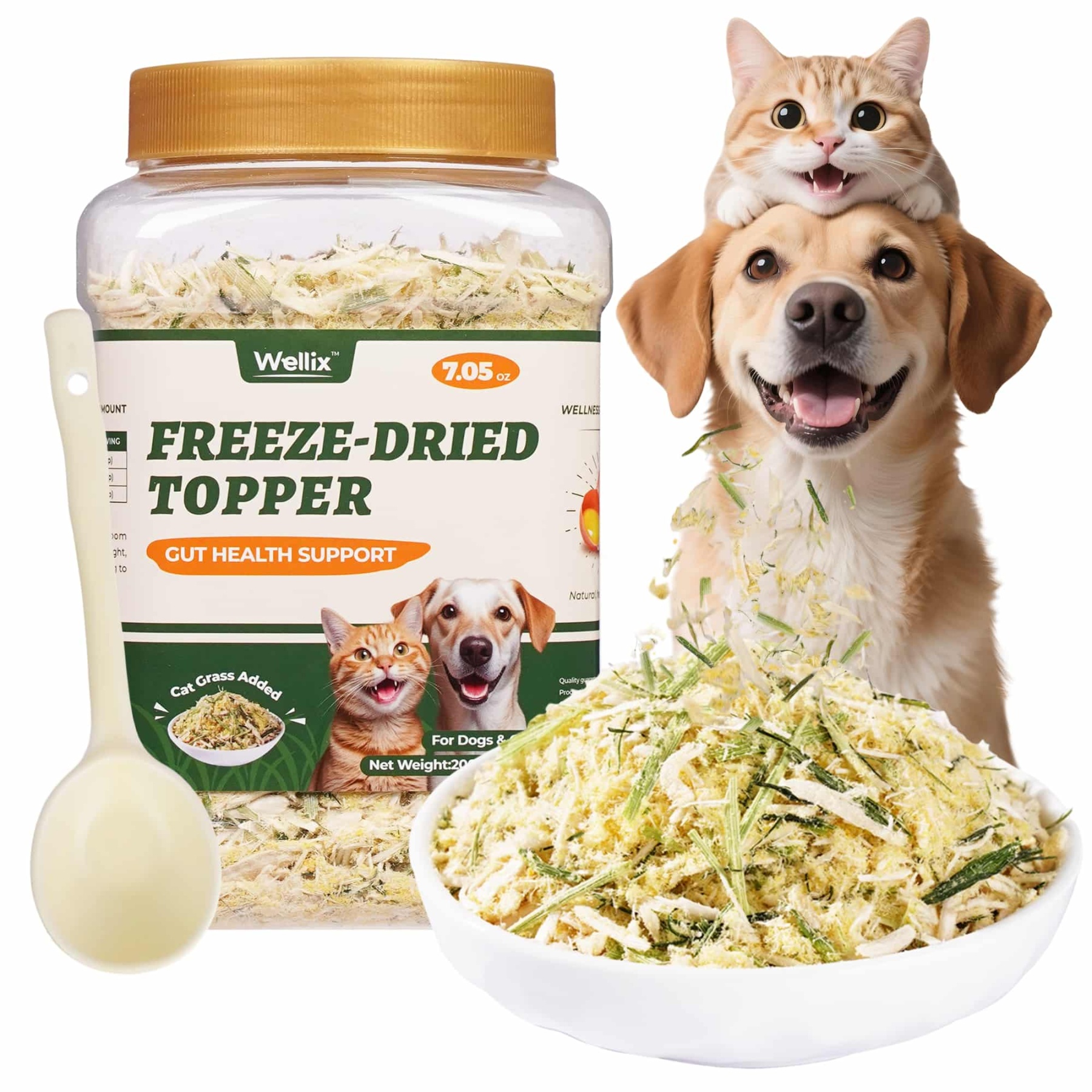 Wellix Cat Grass Topper for Cats & Dogs – 7.05oz Freeze-Dried Chicken, Egg Yolk & Cat Grass, Low-Calorie, Supports Hairball Control & Gut Health-CritterCorner