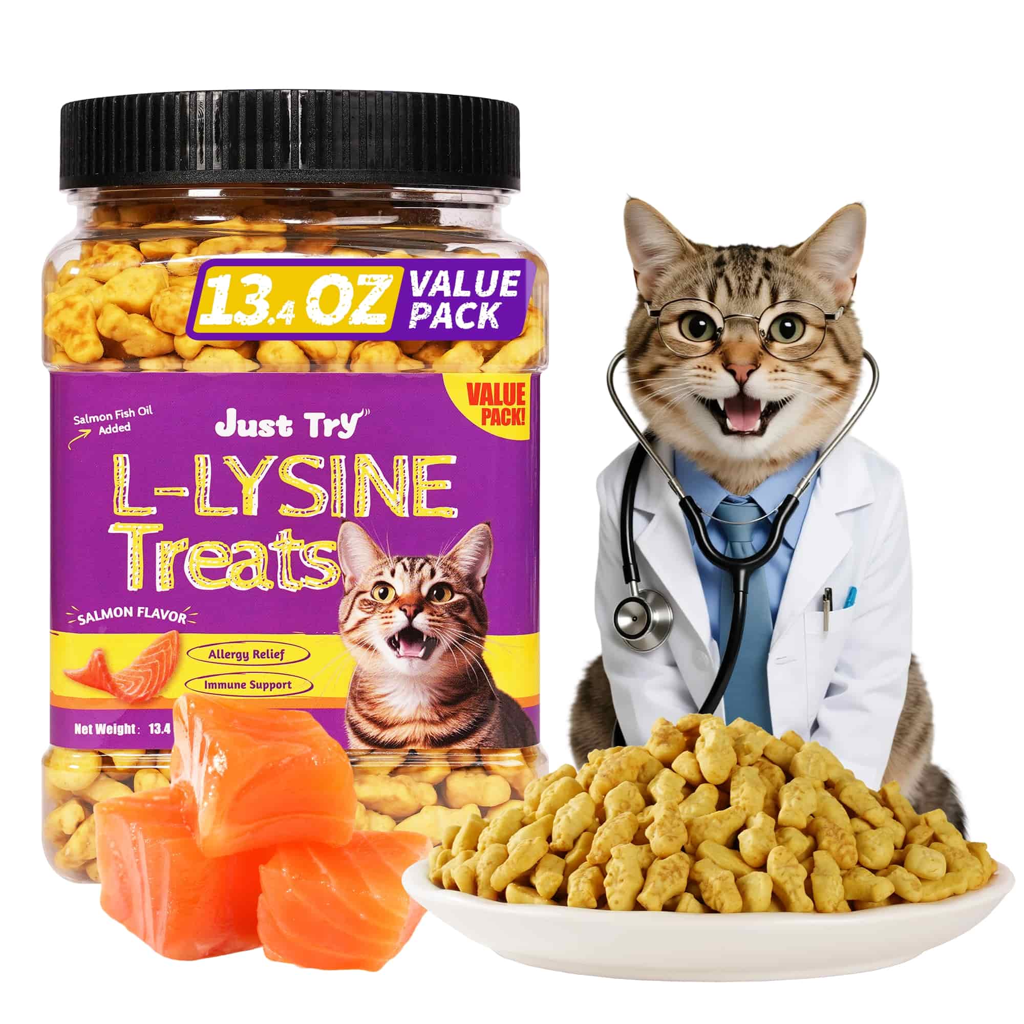 JUSTTRY Lysine Cat Treats – Natural Salmon Crunchy Training Biscuits for Immune Support, Cats & Kittens, 13.4oz-CritterCorner