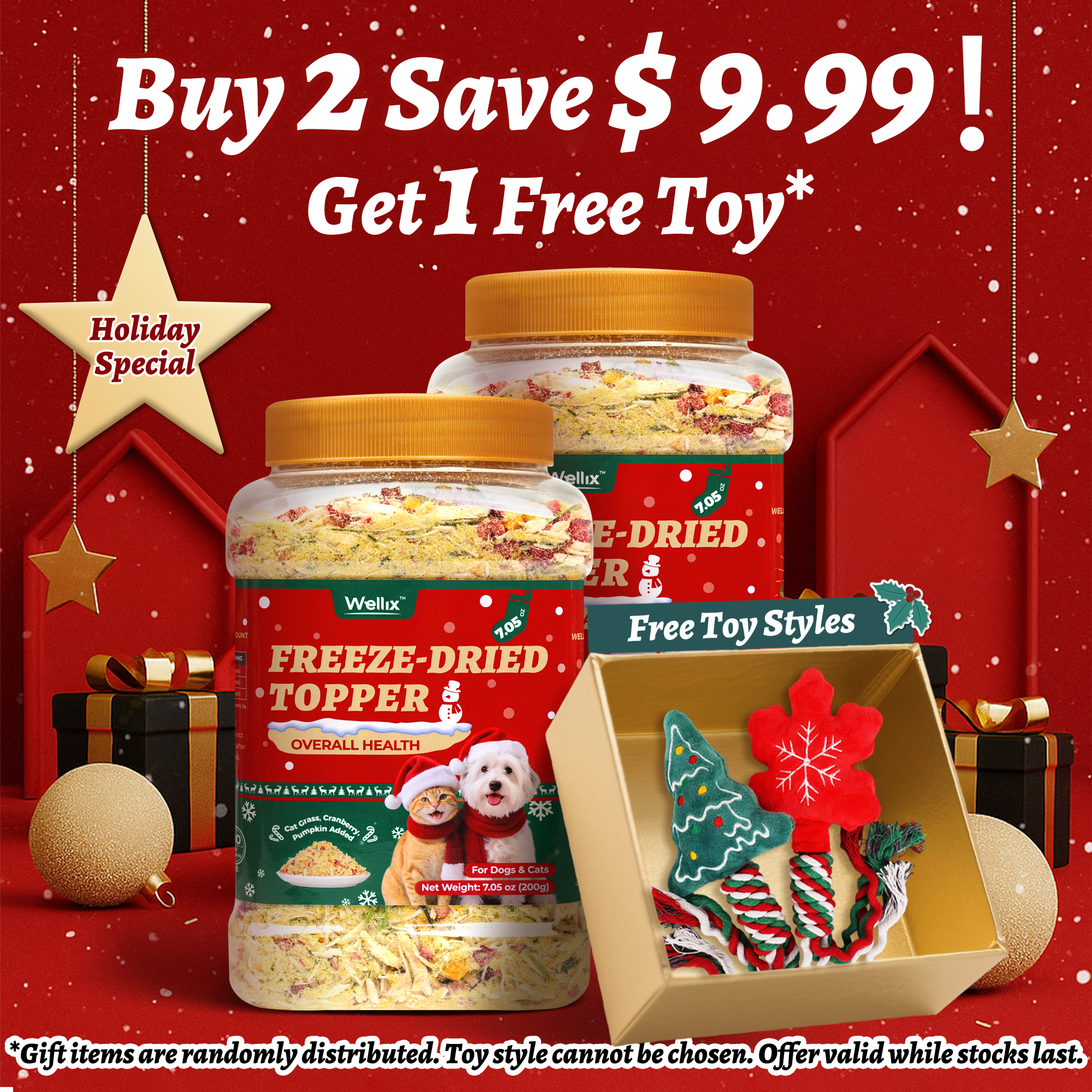 Wellix Cat Christmas Treats Freeze Dried for Cats&Dogs - High Protein Dog&Cat Food Topper 3 Ingredients Added (Cat Grass/Cranberry/Pumpkin) for Puppy or Kitten Treat 7.05oz