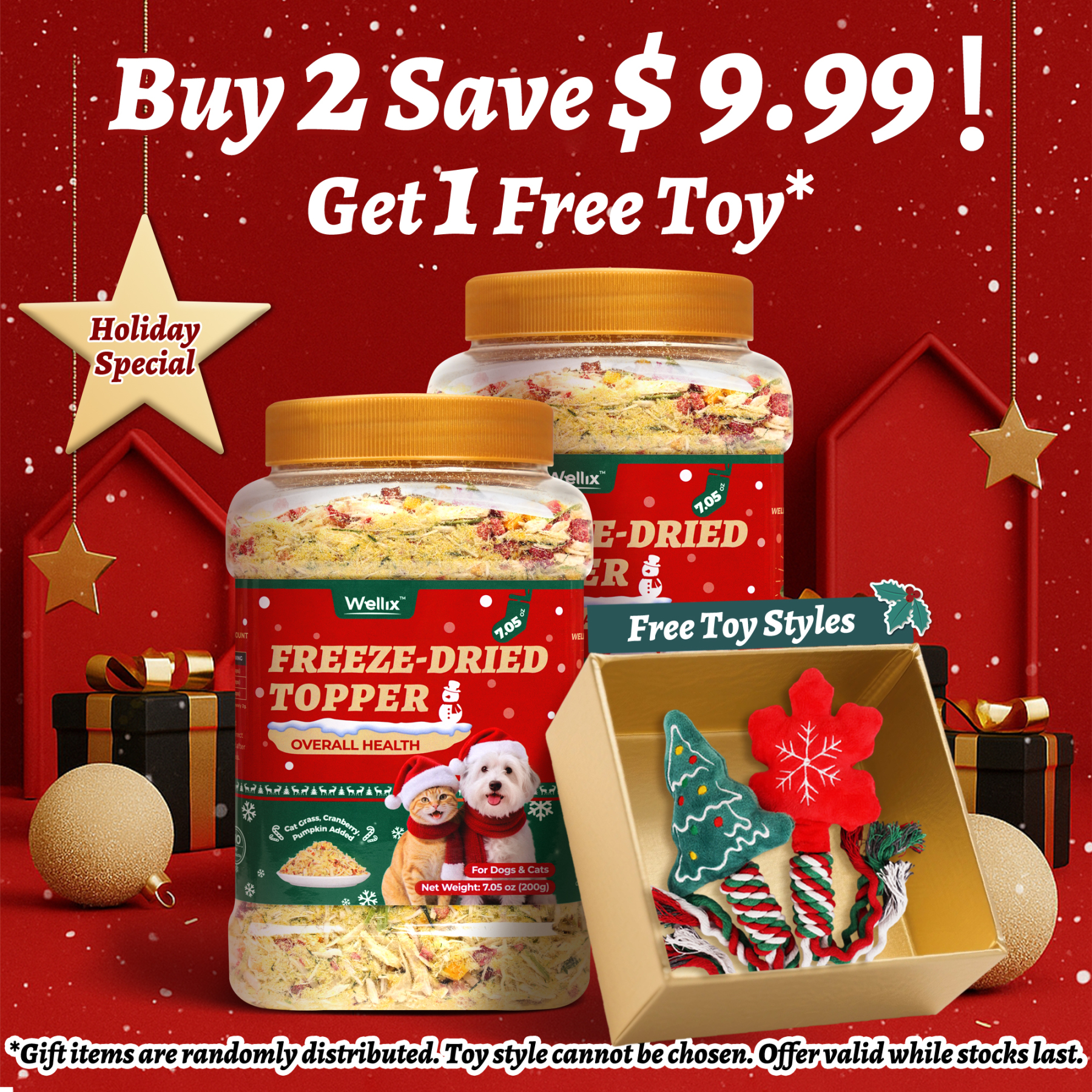 Wellix Cat Christmas Treats Freeze Dried for Cats&Dogs - High Protein Dog&Cat Food Topper 3 Ingredients Added (Cat Grass/Cranberry/Pumpkin) for Puppy or Kitten Treat 7.05oz