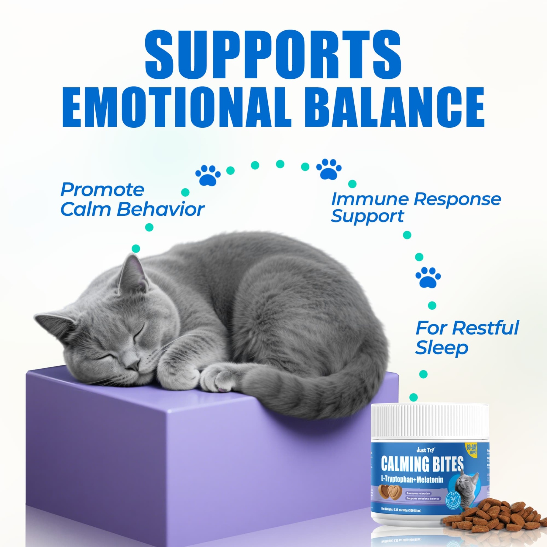 JUSTTRY Cat Calming Treats Cat Supplements – Chicken Flavor with Chamomile, L-Tryptophan & Melatonin for Anxiety & Sleep, 300 Bites, 6.35oz-CritterCorner