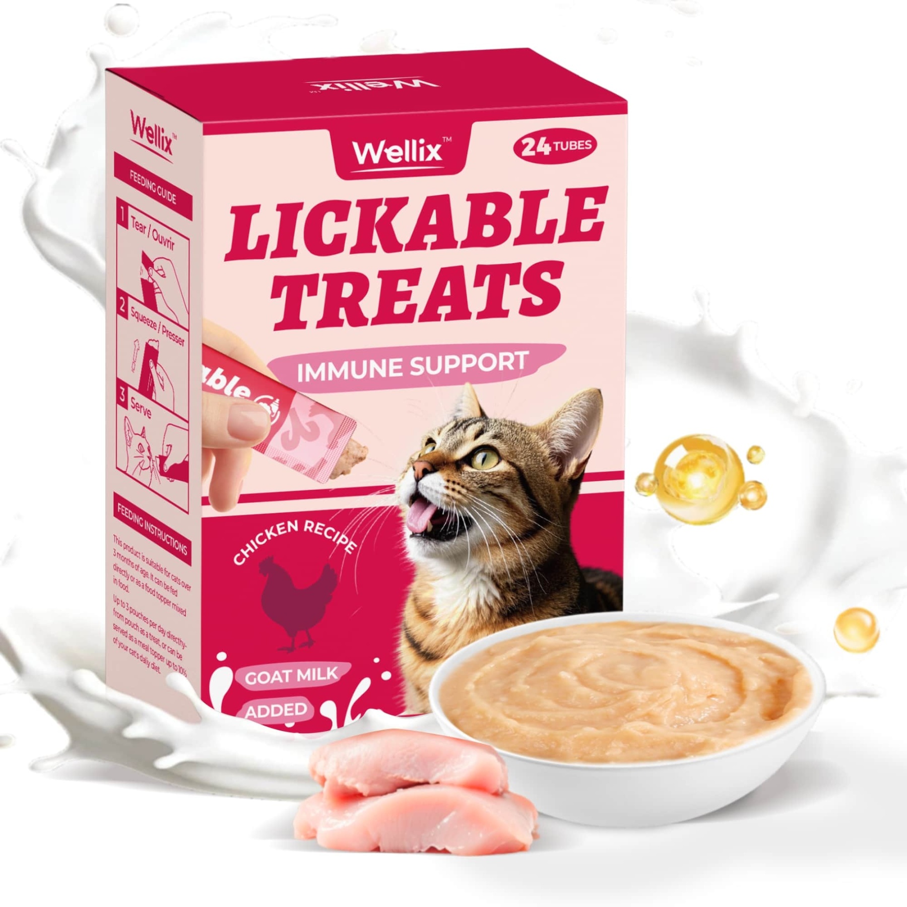 Wellix Lickable Cat Treats - Goat Milk & Chicken High-Protein Kitten Snacks - Squeezable Treats for Immunity & Digestion Support - 24 Tubes-CritterCorner