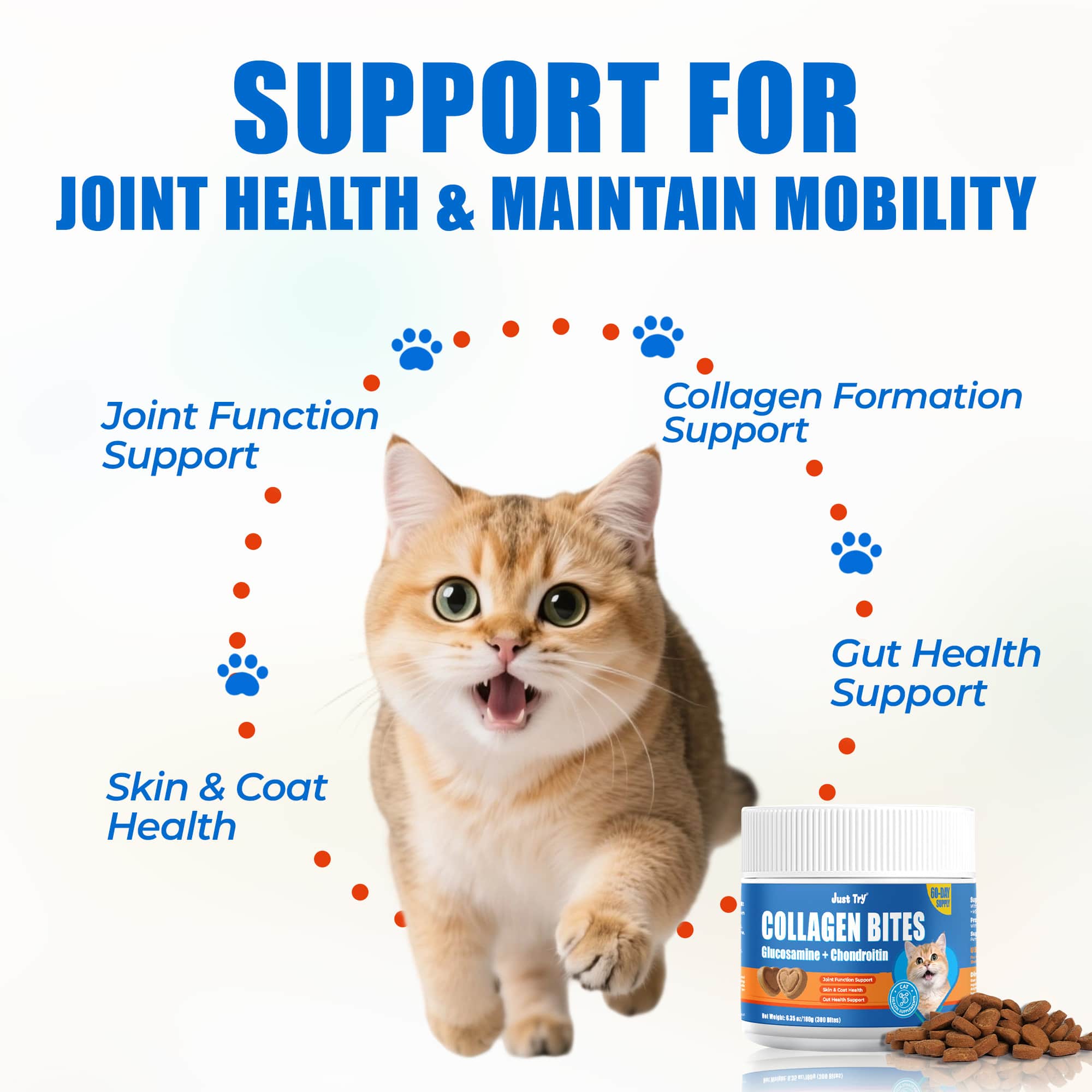 JUST TRY Cat Collagen Supplements – Glucosamine & Chondroitin Joint Health Supplements For Cats, Chicken-Flavored, 6.35oz， 300 Bites-CritterCorner