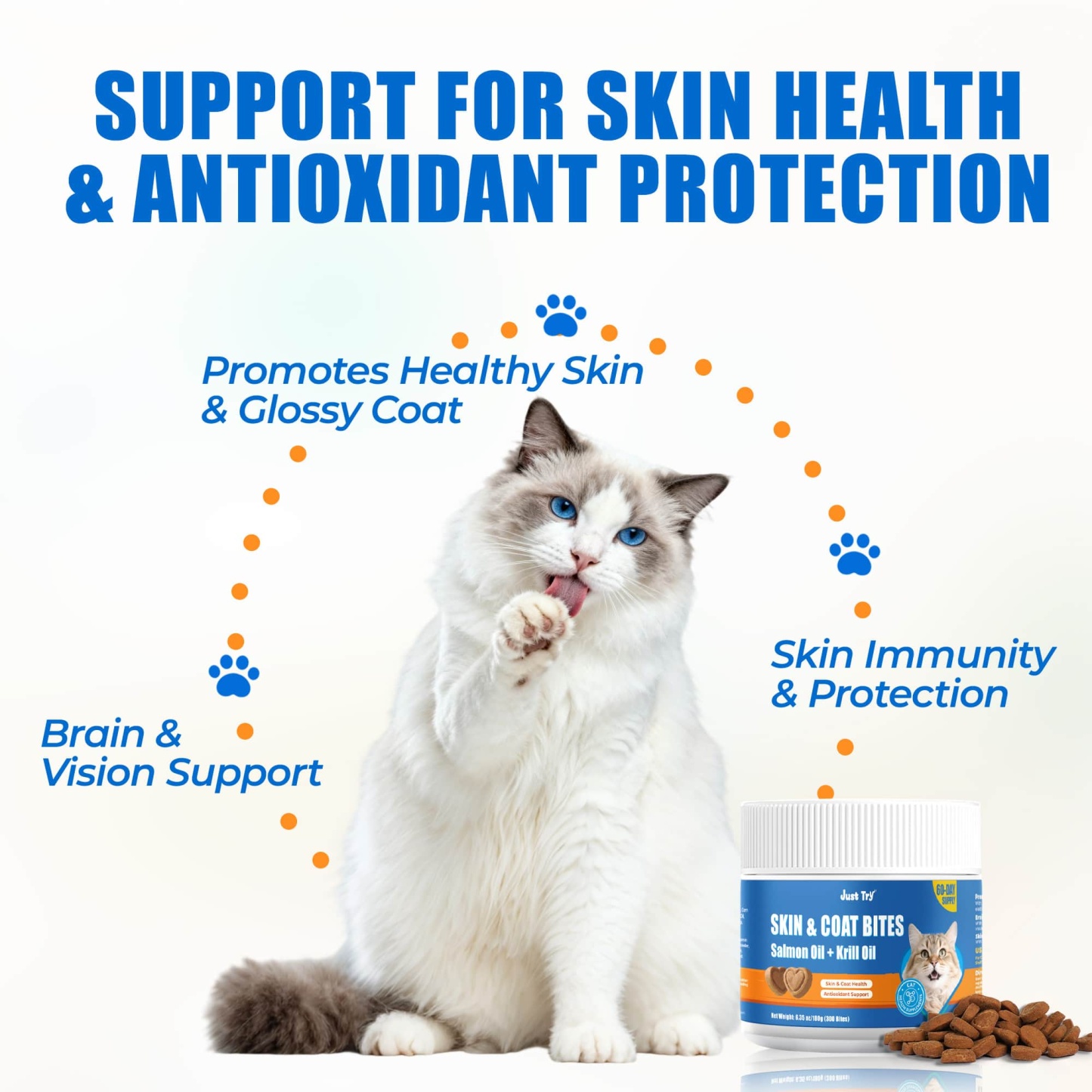 JUSTTRY 300 Bites Cat Skin & Coat Bites – Cat Omega-3 Salmon Oil for Healthy Skin, Itchy Skin Relief & Cat Shedding Control, 6.35oz, 300 Bites-CritterCorner