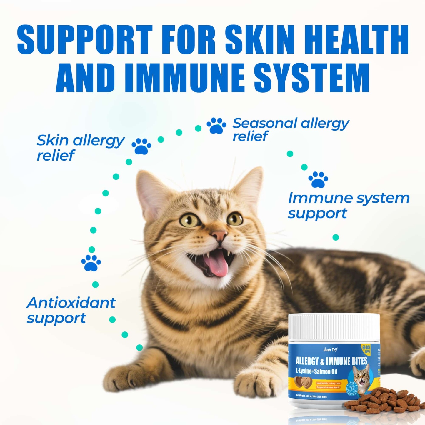 JUSTTRY Cat Allergy & Immune Bites Cat Supplements – Chicken Flavor with L-Lysine For Cats for Itchy Skin Relief & Immune Support, 6.35oz, 300 Bites-CritterCorner