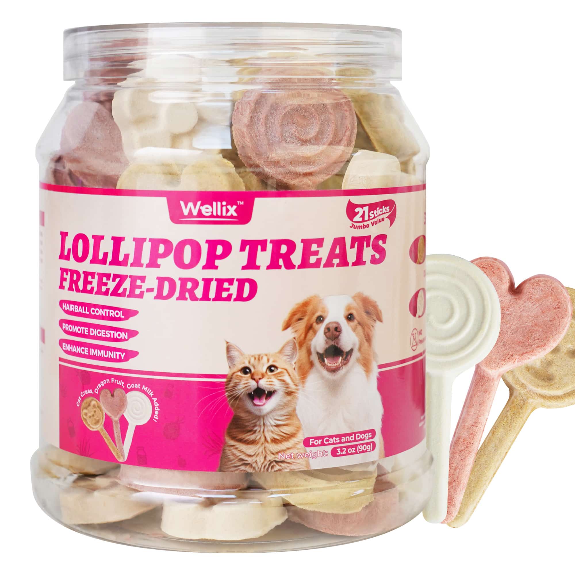 Wellix Freeze Dried Lollipop Dog & Cat Treats - High Protein Chicken Cat Treats with Cat Grass, Dragon Fruit & Goat Milk - Low Calorie Training Snacks 21pcs-CritterCorner