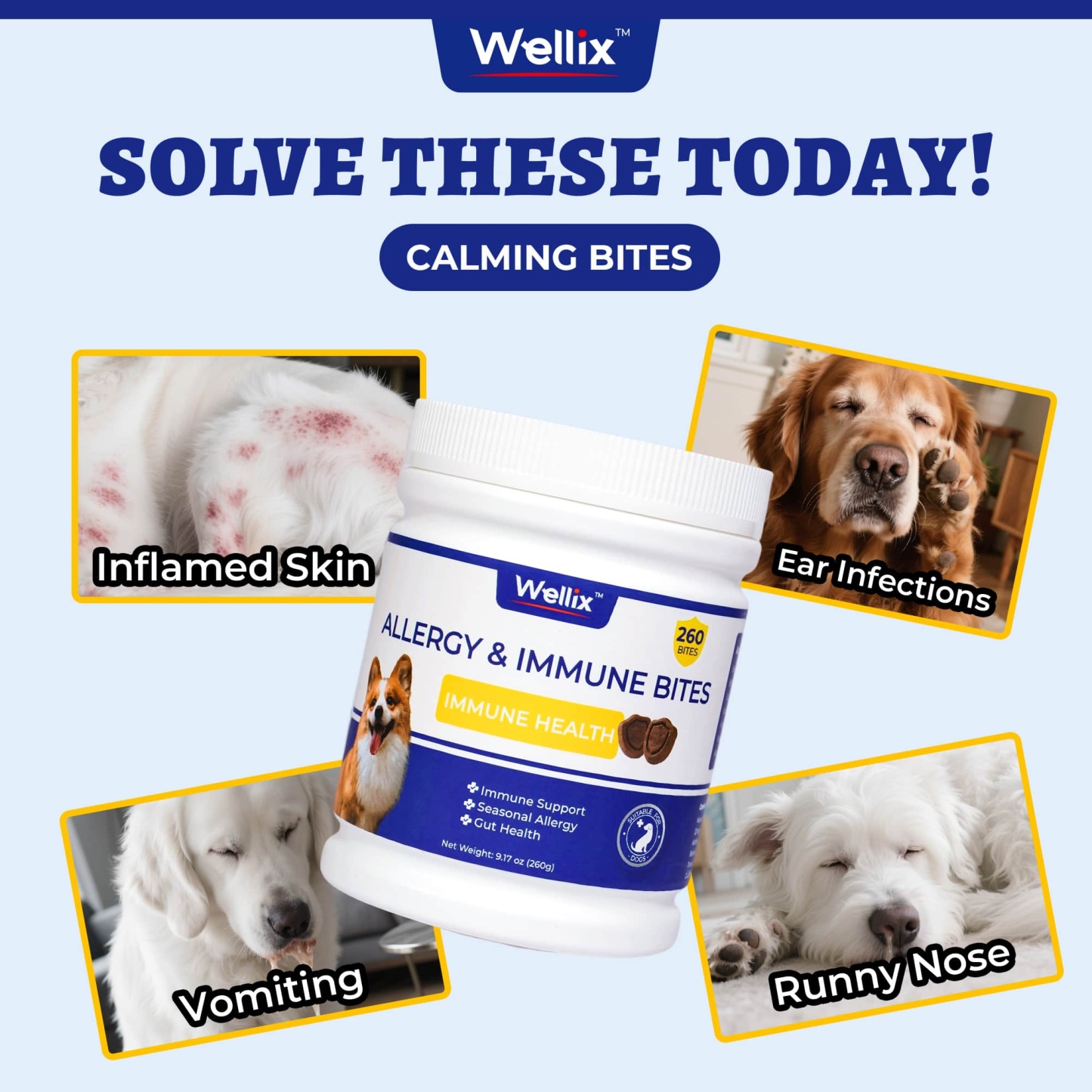 Wellix Dog Allergy & Immune Bites – 260 Counts Natural Ingredient Chews to Strengthen Immunity, Promote Shiny Coat, Relieve Itch & Redness-CritterCorner