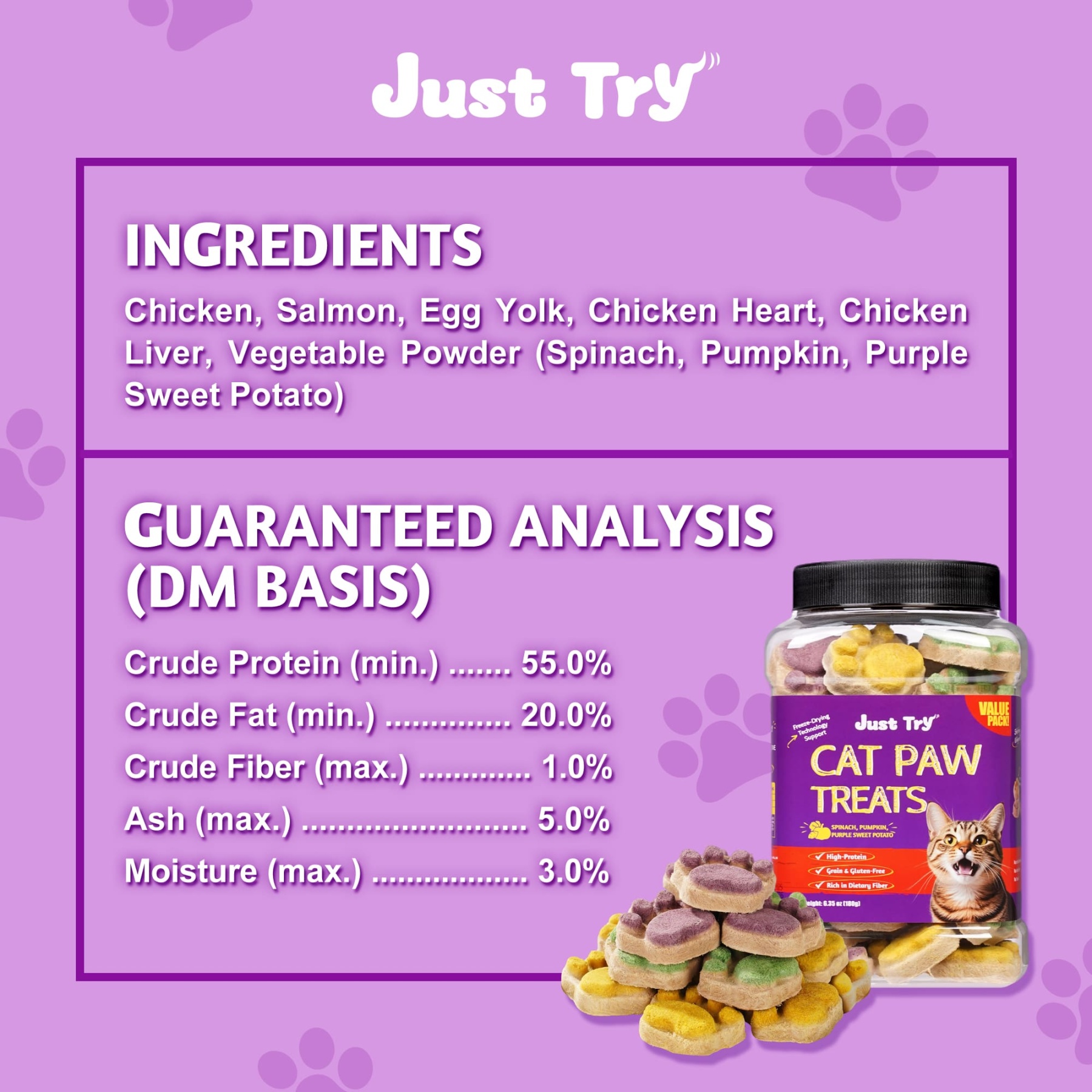 JUSTTRY Freeze-Dried Cat Paw Treats – Healthy Cat Treats with High-Protein Chicken & Pumpkin Spinach Purple Sweet Potato, Immunity & Gut Health, 6.35oz-CritterCorner
