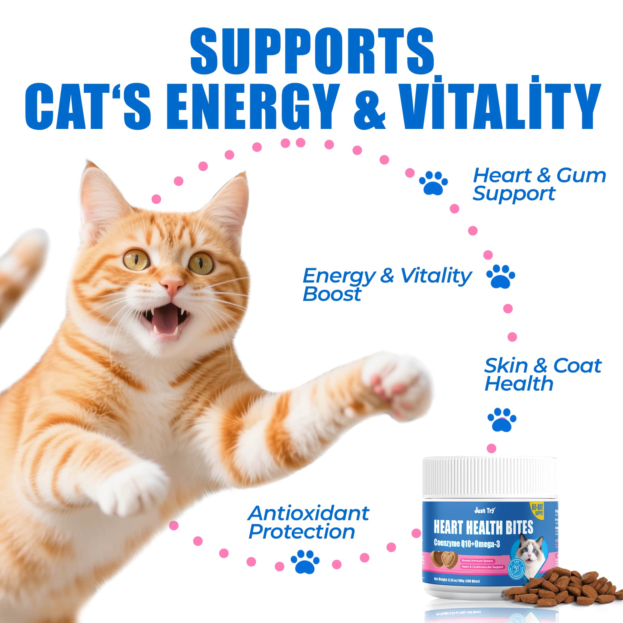 JUSTTRY CoQ10 Heart Health Bites – Chicken-Flavored  with CoQ10 & Taurine for Feline Heart Health, Cat Supplements  300 Count-CritterCorner