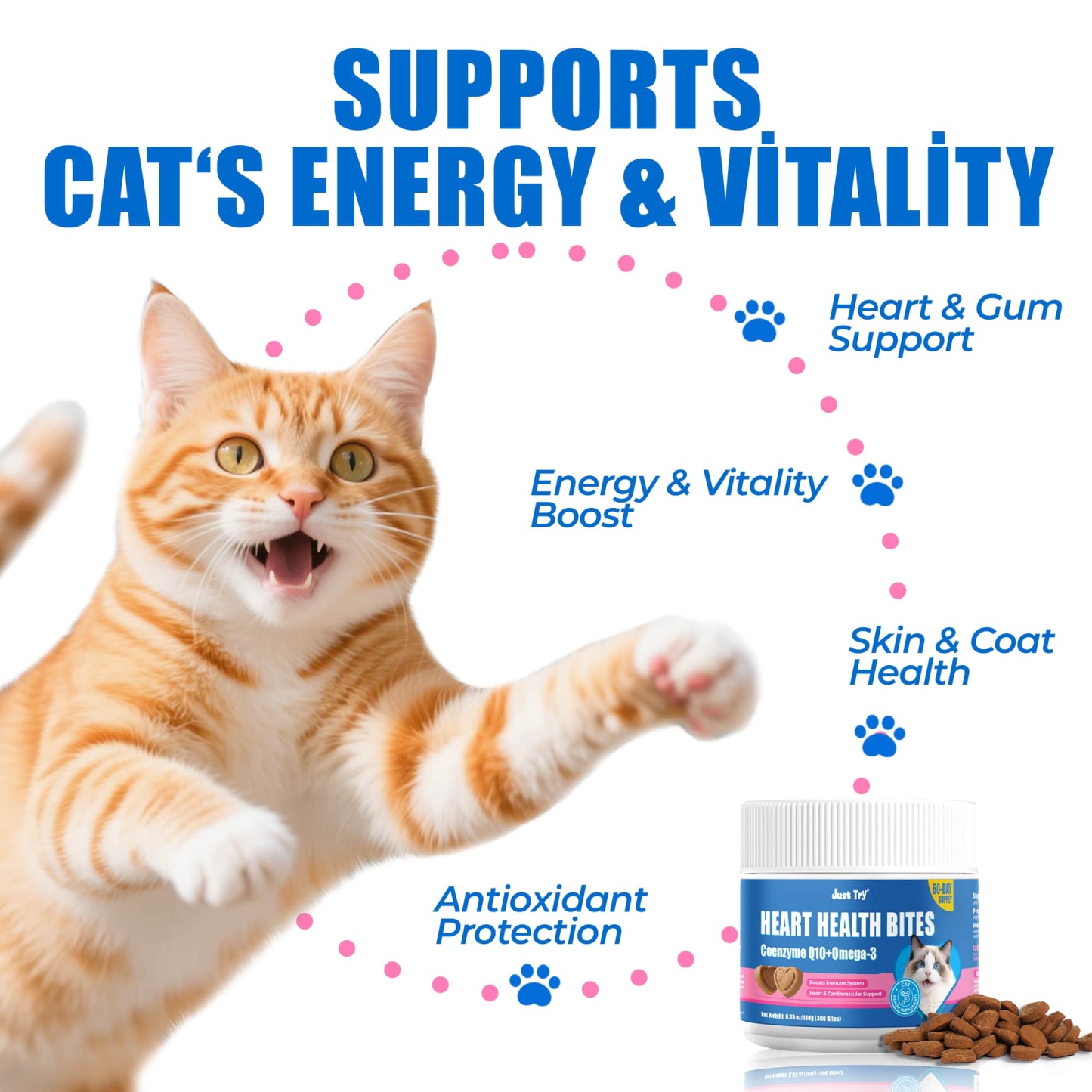 JUSTTRY CoQ10 Heart Health Bites – Chicken-Flavored  with CoQ10 & Taurine for Feline Heart Health, Cat Supplements  300 Count-CritterCorner