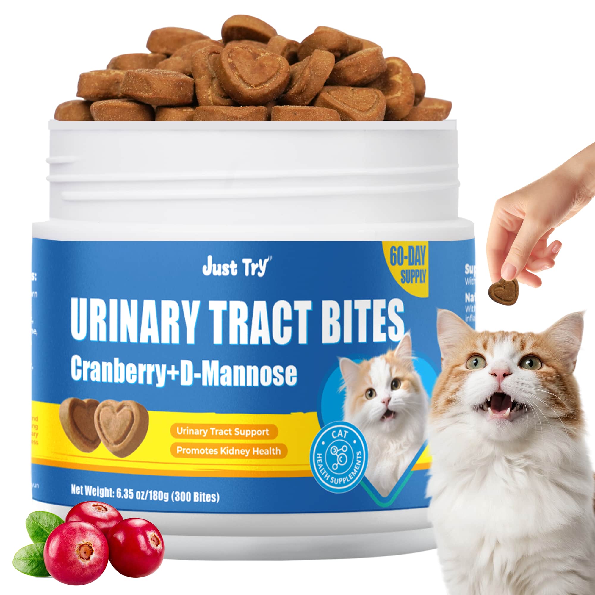 JUSTTRY Cat Urinary Tract Bites Cat Supplements – Cranberry & D-Mannose, Grain-Free Natural Snacks for Urinary Health & Cat Kidney Support, 6.35oz, 300 Bites-CritterCorner