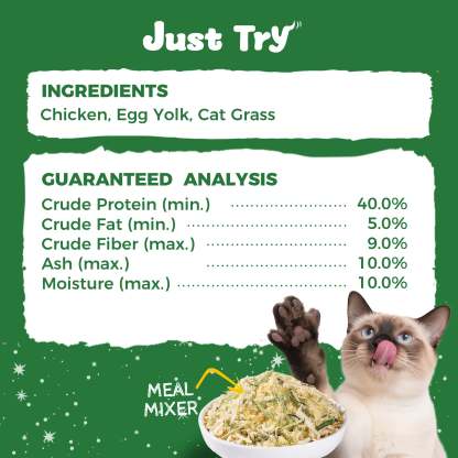 JUSTTRY Cat Grass Freeze-Dried Cat Food Toppers – Chicken, Egg Yolk & Cat Grass, Hairball Control & Dental Care, High Protein & Low Fat Cat Treats , 8oz-CritterCorner