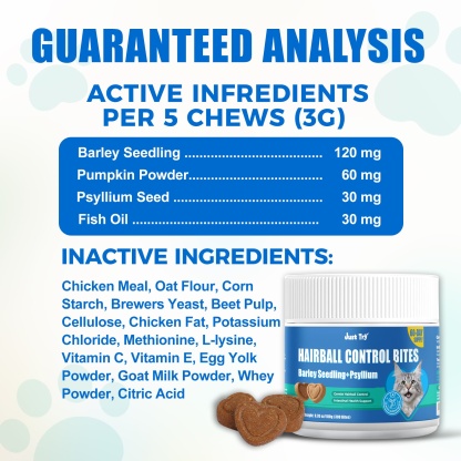 JUSTTRY Hairballs Control Bites  – Cat Grass & Chicken & Pumpkin Flavor with Omega-3 for Hairball Relief & Digestion, 300 Bites-CritterCorner