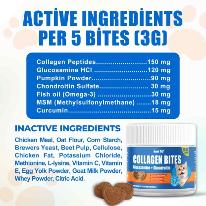 JUST TRY Cat Collagen Supplements – Glucosamine & Chondroitin Joint Health Supplements For Cats, Chicken-Flavored, 6.35oz， 300 Bites-CritterCorner