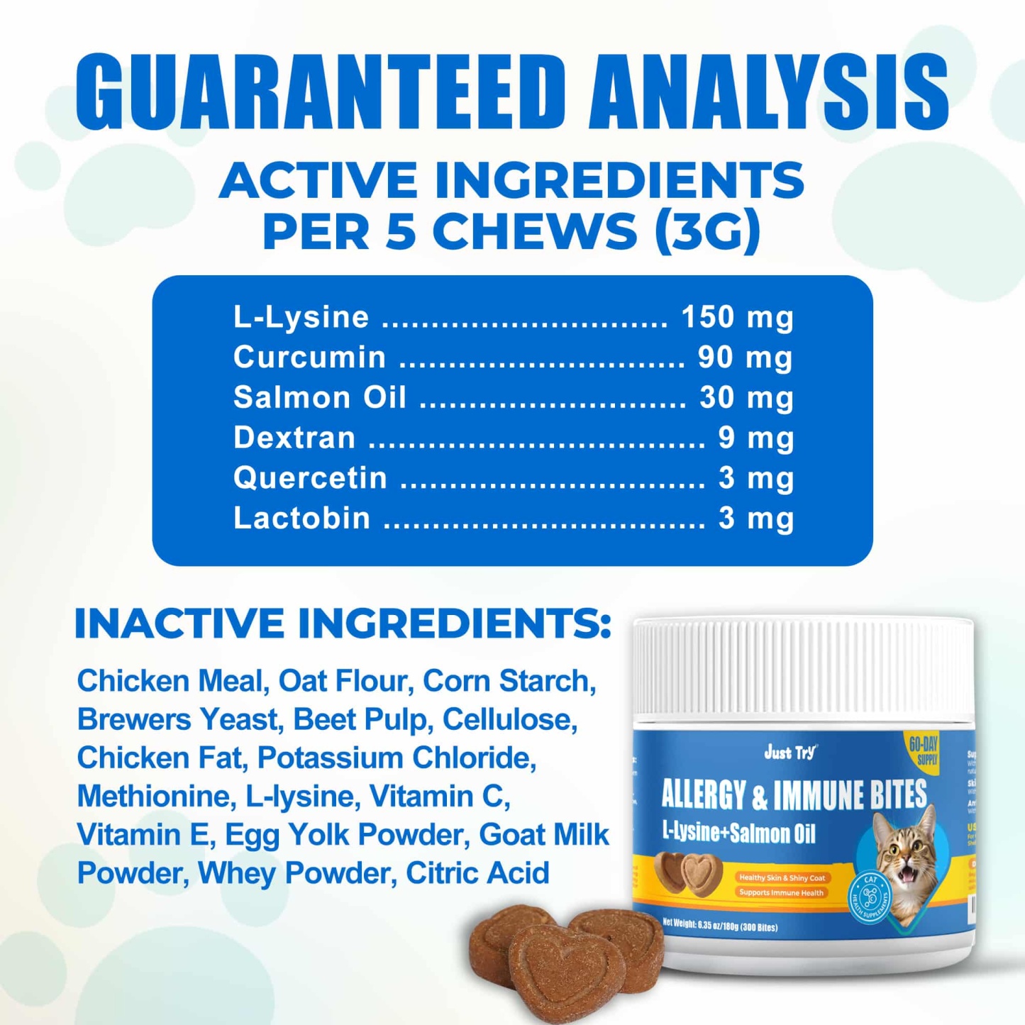 JUSTTRY Cat Allergy & Immune Bites Cat Supplements – Chicken Flavor with L-Lysine For Cats for Itchy Skin Relief & Immune Support, 6.35oz, 300 Bites-CritterCorner
