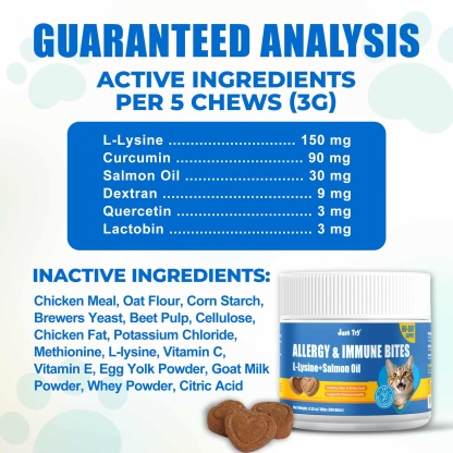 JUSTTRY Cat Allergy & Immune Bites Cat Supplements – Chicken Flavor with L-Lysine For Cats for Itchy Skin Relief & Immune Support, 6.35oz, 300 Bites-CritterCorner