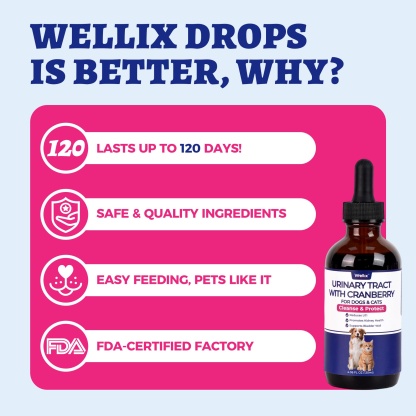 Wellix UrinaryTract Drops with Cranberry for Cats & Dogs – 4 oz Cranberry & D-Mannose for Urinary, Bladder & Kidney Health-CritterCorner