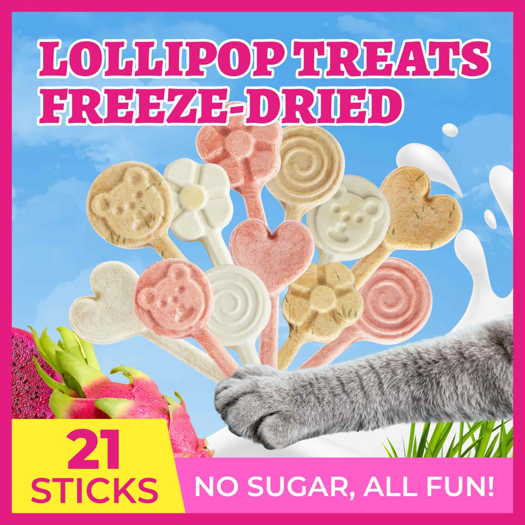 Wellix Freeze Dried Lollipop Dog & Cat Treats - High Protein Chicken Cat Treats with Cat Grass, Dragon Fruit & Goat Milk - Low Calorie Training Snacks 21pcs-CritterCorner