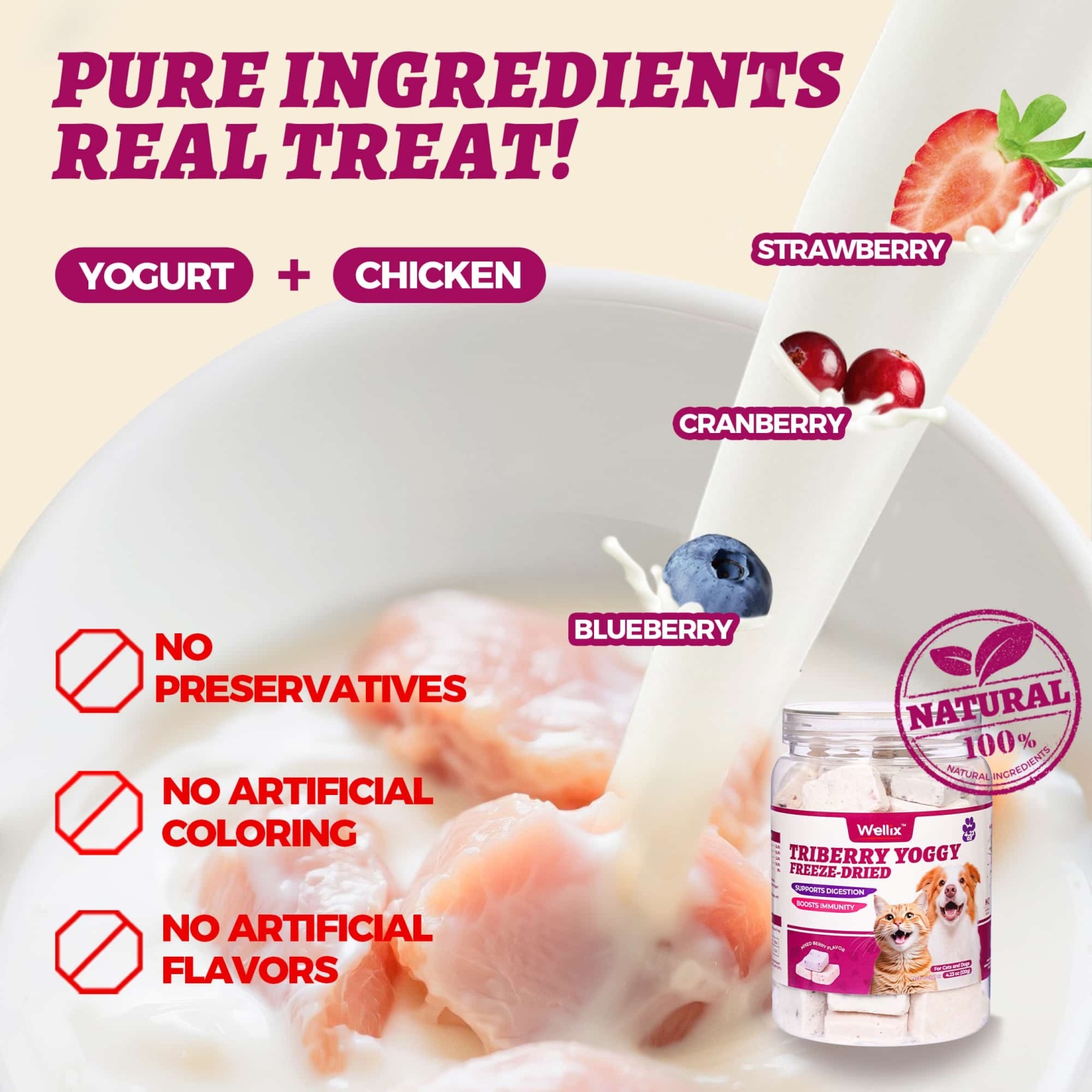 Wellix Freeze-Dried Probiotic Yogurt Cat Treats – 4.23oz (120g) Chicken & Berry Blend (Strawberry, Blueberry, Cranberry) for Immune, Eye & Urinary Health-CritterCorner