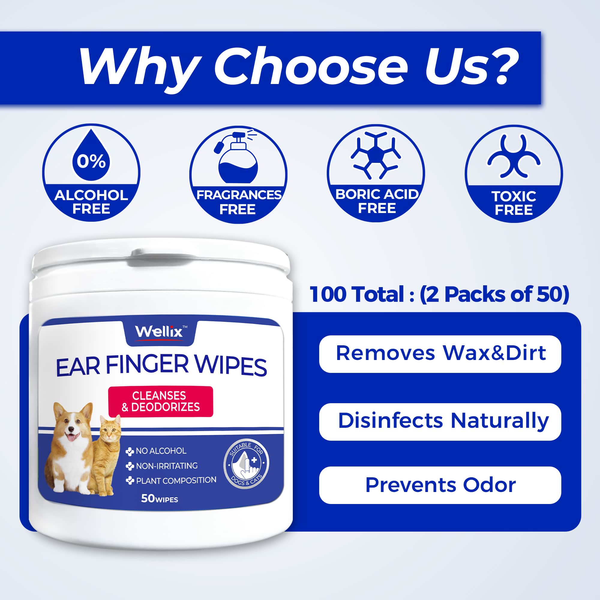 Wellix Pet Ear Cleaner Wipes - Natural Chamomile & Honeysuckle Ear Cleaning Wipes for Dogs and Cats - Itch Relief & Infection Care - 100 Count 2 Pack-CritterCorner