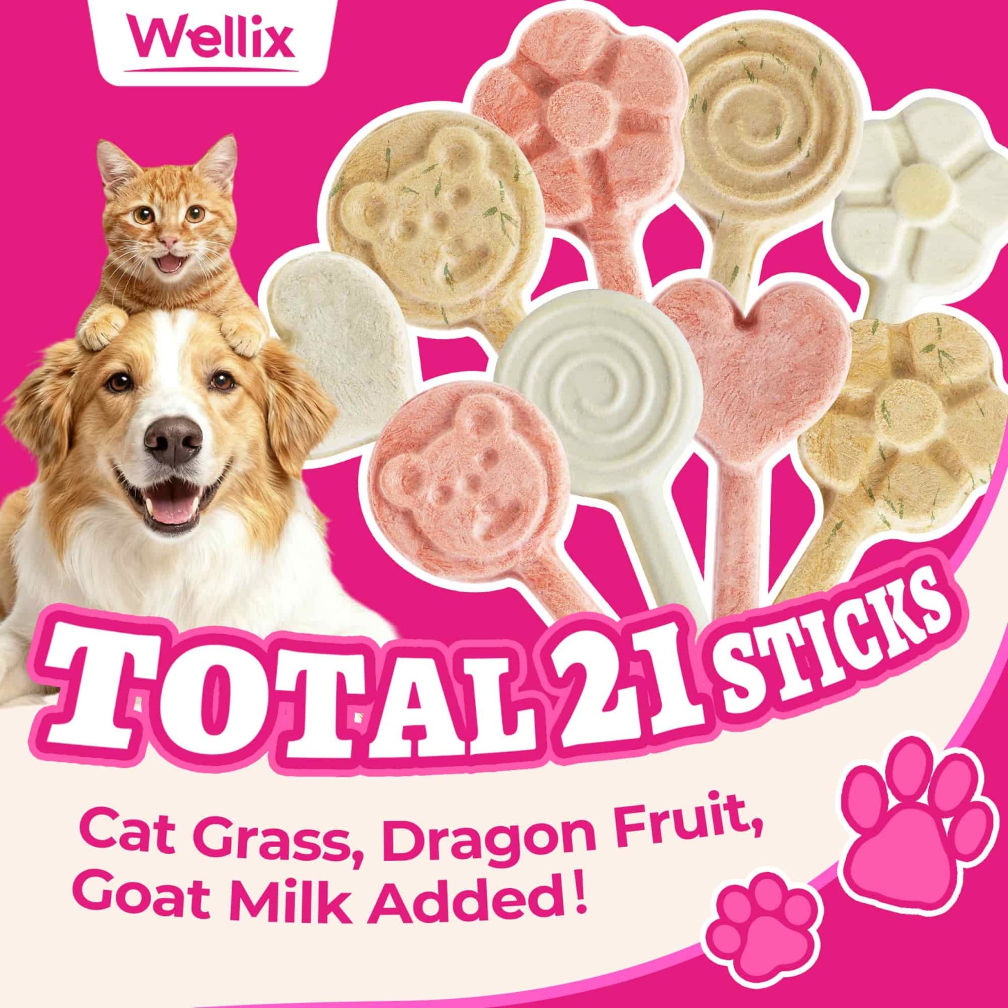 Wellix Freeze Dried Lollipop Dog & Cat Treats - High Protein Chicken Cat Treats with Cat Grass, Dragon Fruit & Goat Milk - Low Calorie Training Snacks 21pcs-CritterCorner