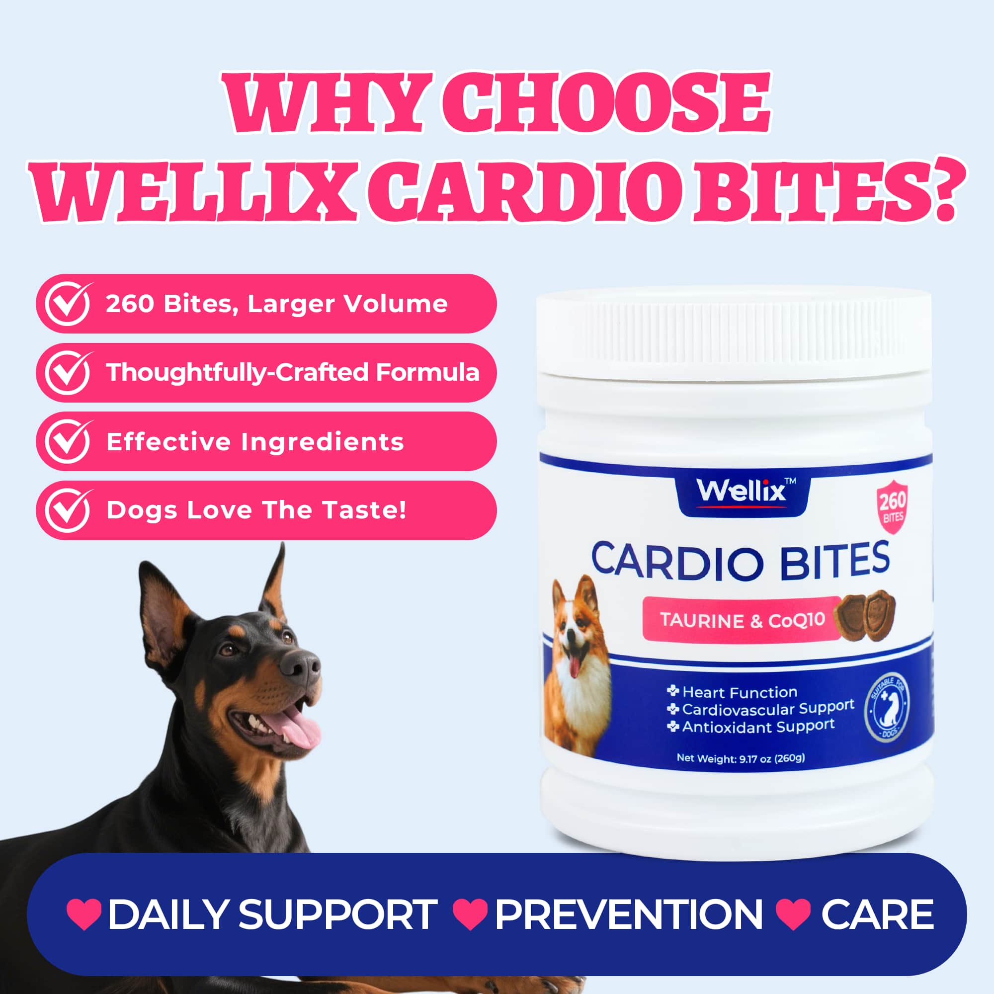 Wellix Cardio Bites for Dogs – 260 Counts with CoQ10, Taurine, Fish Oil & L-Carnitine, Supports Cardiovascular Health & Antioxidant-CritterCorner