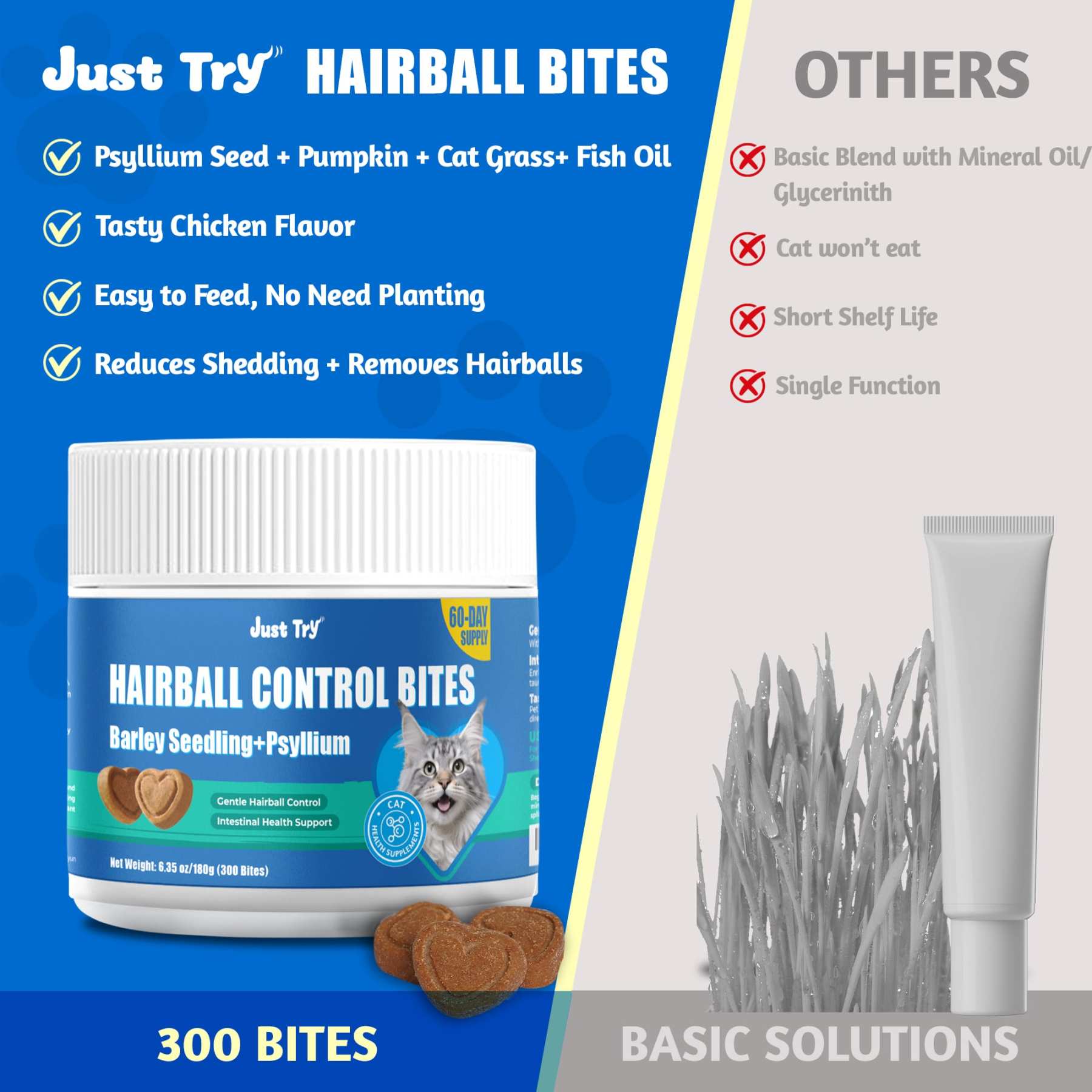 JUSTTRY Hairballs Control Bites  – Cat Grass & Chicken & Pumpkin Flavor with Omega-3 for Hairball Relief & Digestion, 300 Bites-CritterCorner