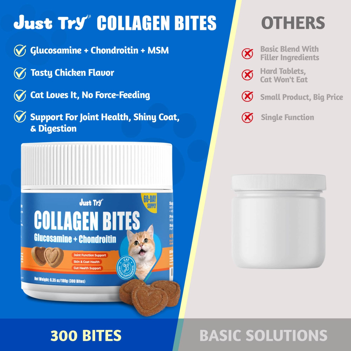 JUST TRY Cat Collagen Supplements – Glucosamine & Chondroitin Joint Health Supplements For Cats, Chicken-Flavored, 6.35oz， 300 Bites-CritterCorner