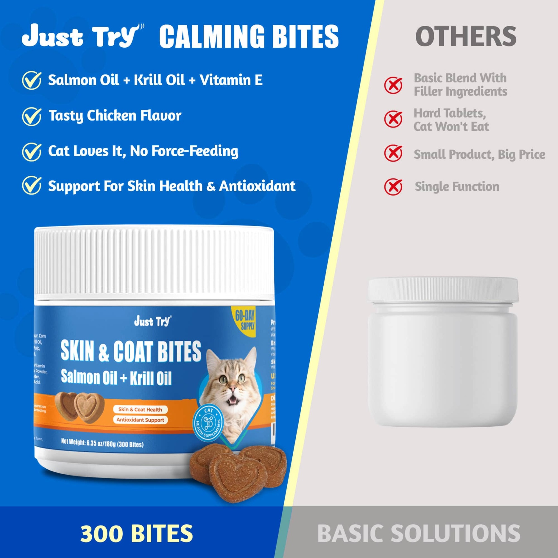 JUSTTRY 300 Bites Cat Skin & Coat Bites – Cat Omega-3 Salmon Oil for Healthy Skin, Itchy Skin Relief & Cat Shedding Control, 6.35oz, 300 Bites-CritterCorner